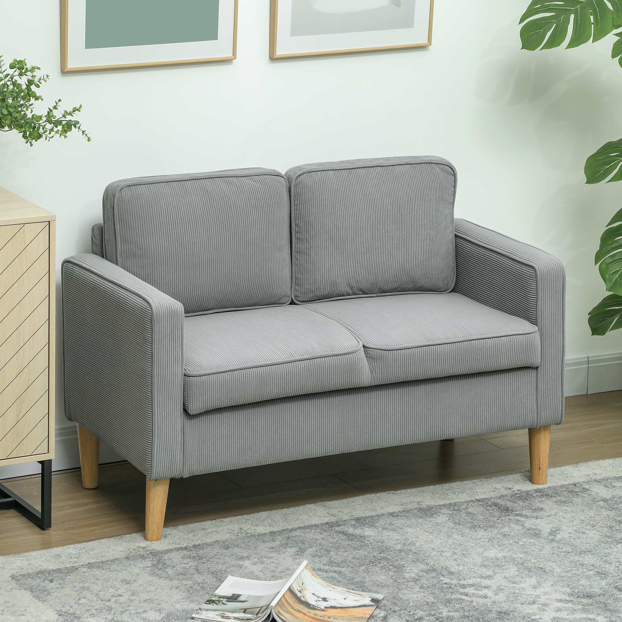 Canapé 2 Places Compact Avec Rangement, Velours Côtelé, Pieds En Bois, Gris Clair 117 X 63 X 79 Cm