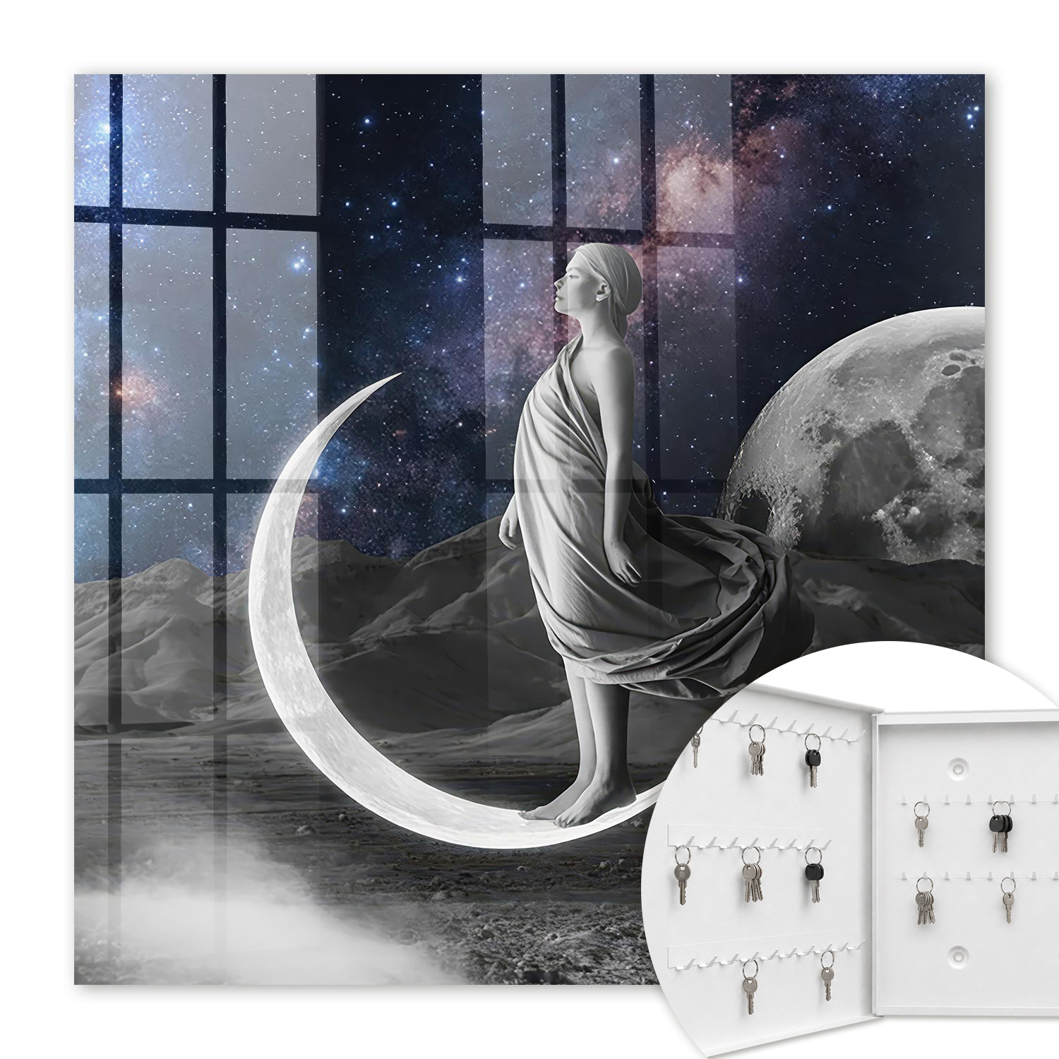 Armoire À Clés - (30 Cm X 30 Cm) - Boîte À Clés Murale - Coffret De Rangement Pour Clés - Couleur Blanche - Ouverture Vers La Gauche - Pour Maison Et Bureau - Fantaisie Spatiale