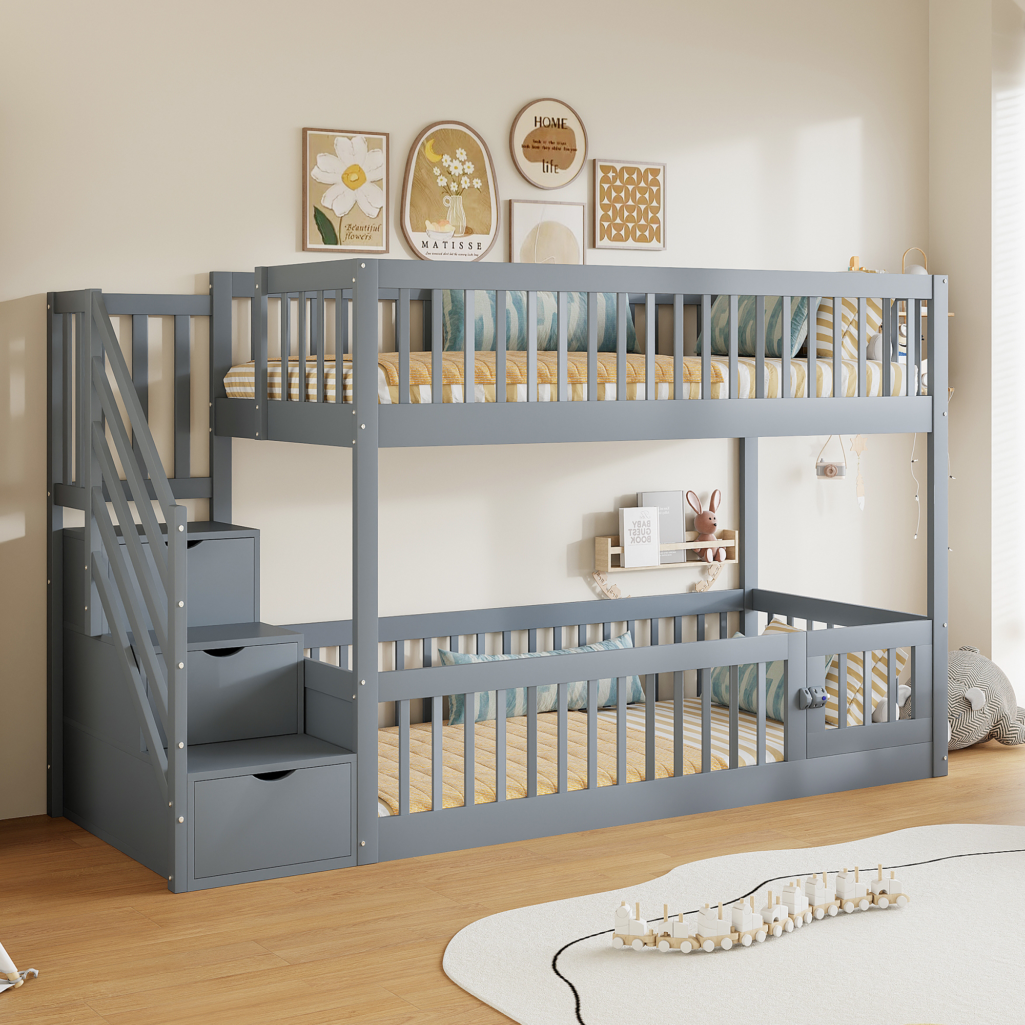 Redom Lit Superposé 90x200 Cm Avec Escalier De Rangement Et Tiroirs, Bois Gris (sans Matelas)