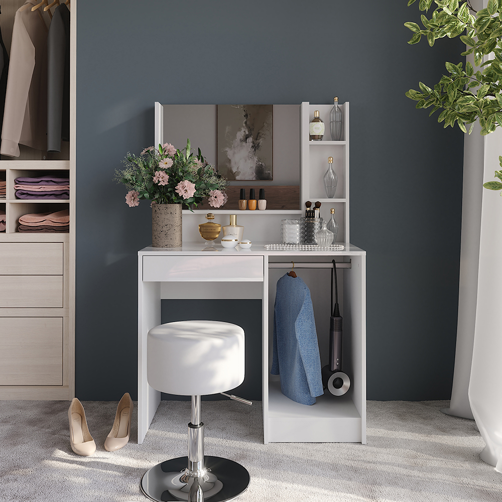 Coiffeuse Sherry, Blanc/blanc Haute Brillance, 89.8cm Avec Miroir Et Tabouret, Vicco