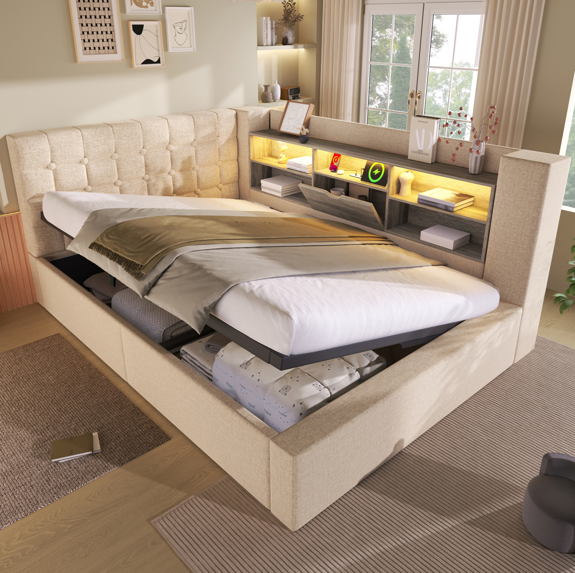 Redom - Lit Double 140x200 Cm Avec Led, Rangement Hydraulique, Lin, Beige (sans Matelas)