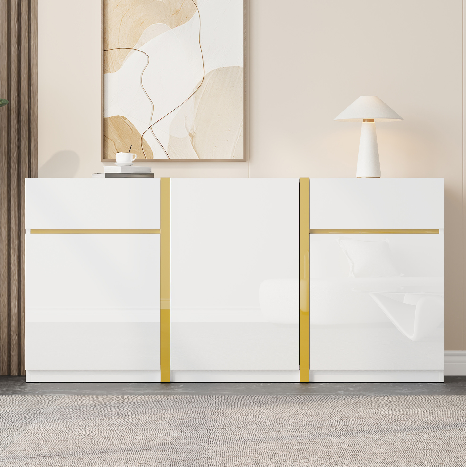 Buffet Blanc Laqué Brillant Avec Détails Dorés, 3 Portes, 2 Tiroirs, 160 X 40 X 78 Cm, Redom