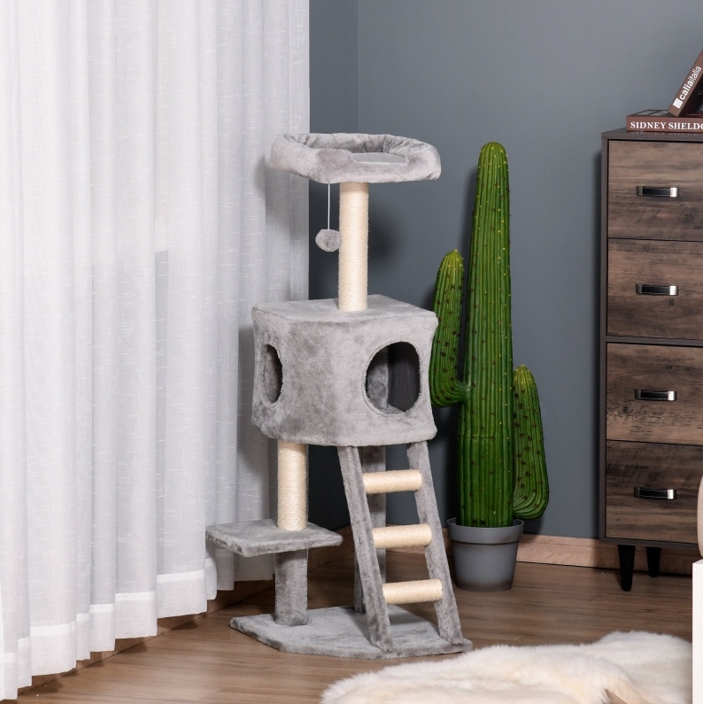 Arbre À Chat 120 Cm Avec Niche, Balle, Échelle, Poteaux En Sisal, Gris Clair