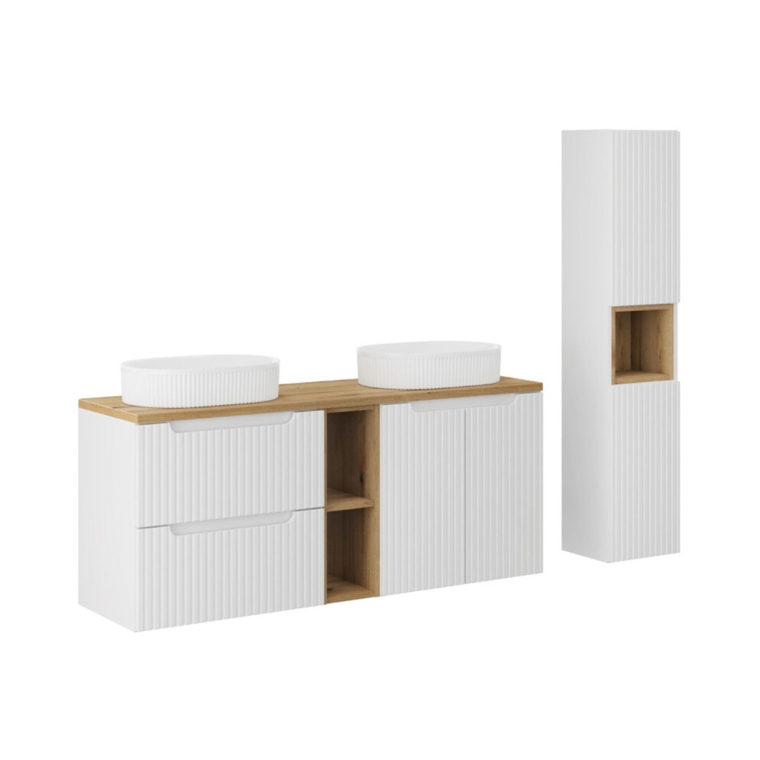 Ensemble Vano Blanc 170cm: Meubles Sous Vasque Avec Niches Visibles À Tiroirs Et Placards + Deux Vasques À Poser + Colonne