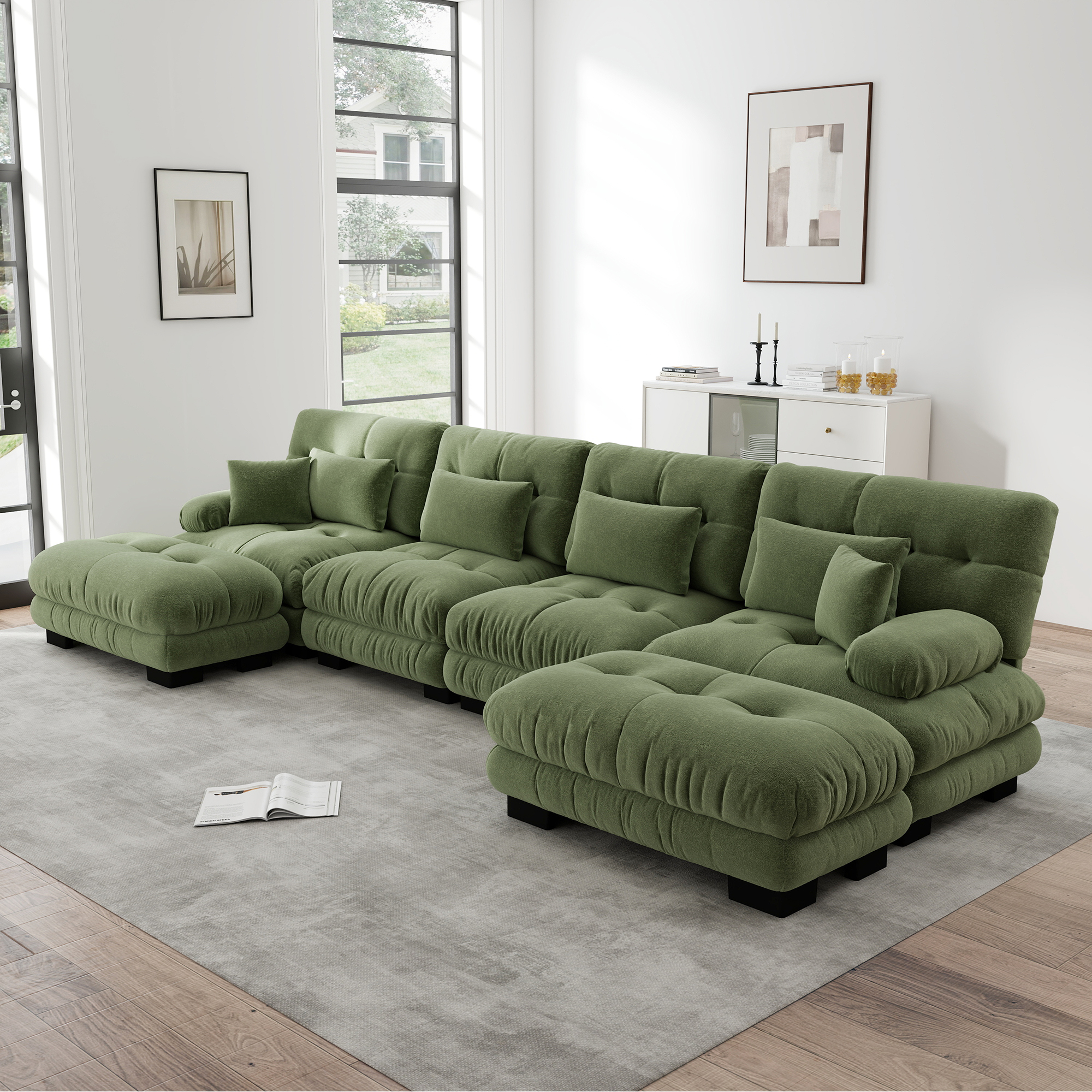 Redom Canapé 4 Places Modulaire En U, Ottomans Mobiles, Assise Profonde, Accoudoirs Rembourrés, Chenille Verte