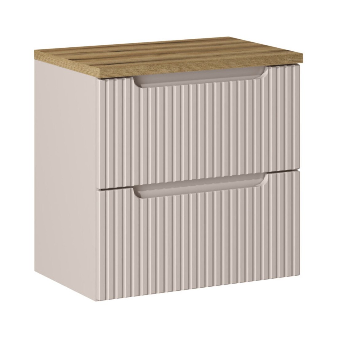 Ensemble De Salle De Bain Vano Cachemire Et Chêne 60cm: Meuble Sous Vasque À Tiroirs Rainuré Verticalement + Plan Pour Vasque