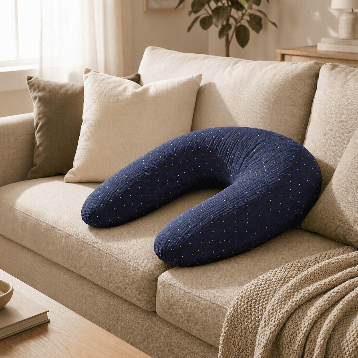 Coussin De Maternité 3 En 1: Grossesse, Allaitement & Repos - Housse Double Gaze Coton Bleu