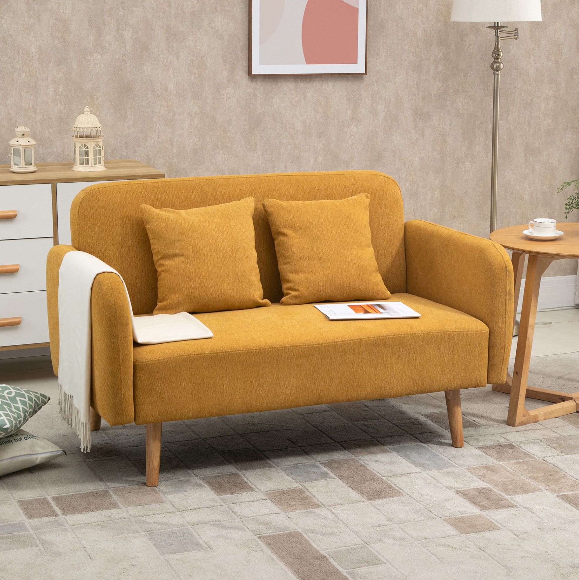 Loveseat 2 Places Avec Coussins, Pieds Réglables, Polyester Effet Velours, Naturel