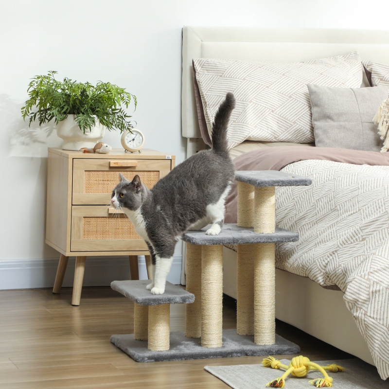 Escalier Pour Animaux 3 Marches 54 Cm, Bois Gris, Avec Sisal Et Balle, Redom