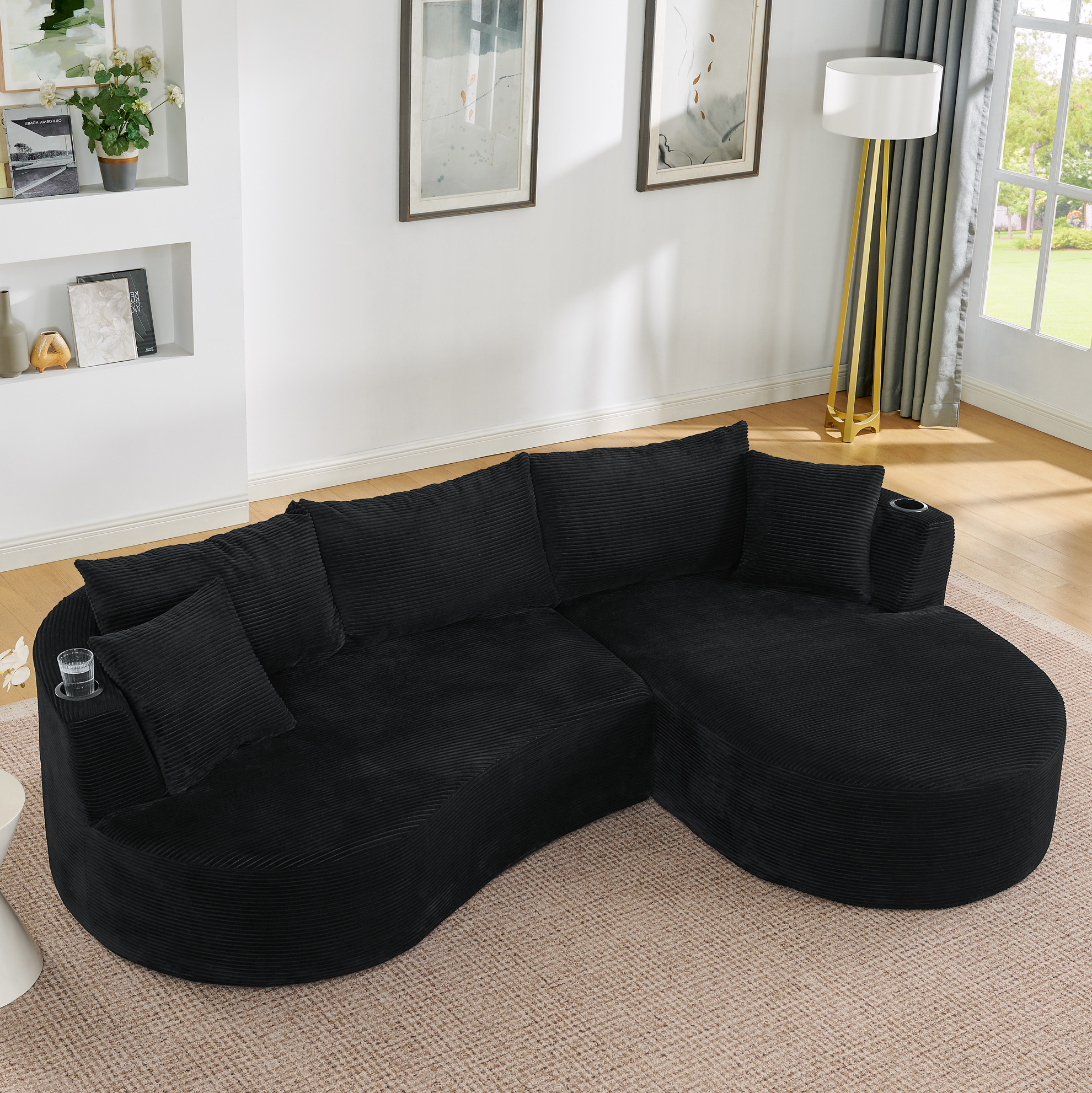 Canapé Modulable 3 Places Avec Chaise Longue Droite, Tissu Corduroy Noir, 264x168x76 Cm
