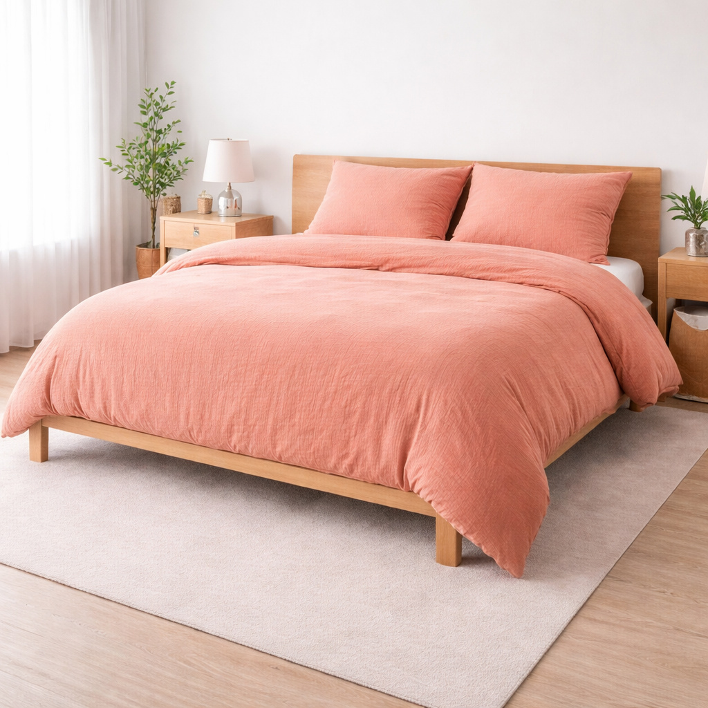 Parure De Lit 260 X 240 Cm Sienna Rose Saumon + 2 Taies 63x63 Cm - Double Face Gaze De Coton & Coton 57 Fils