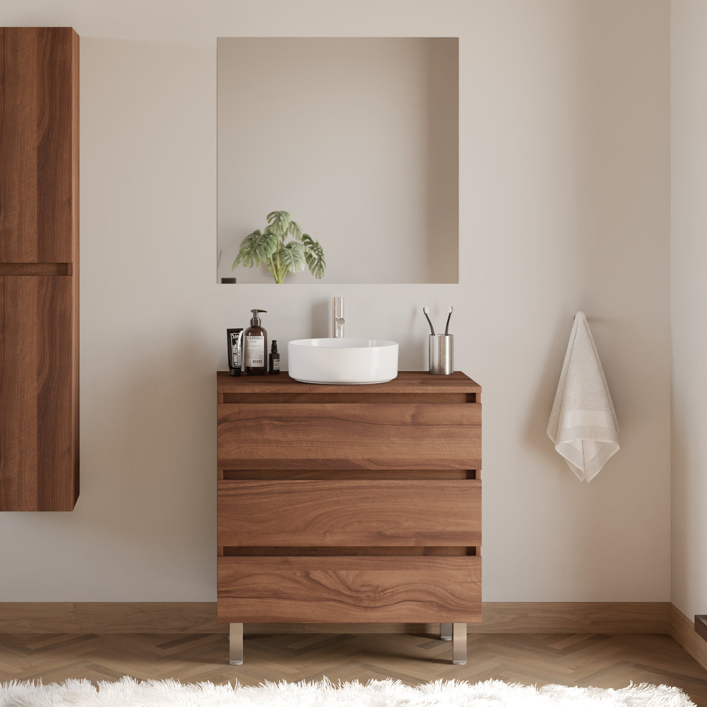 Meuble De Salle De Bain 70cm Avec Plateau Et Vasque À Poser Ronde - 3 Tiroirs - Noyer (bois Foncé) - Mayor