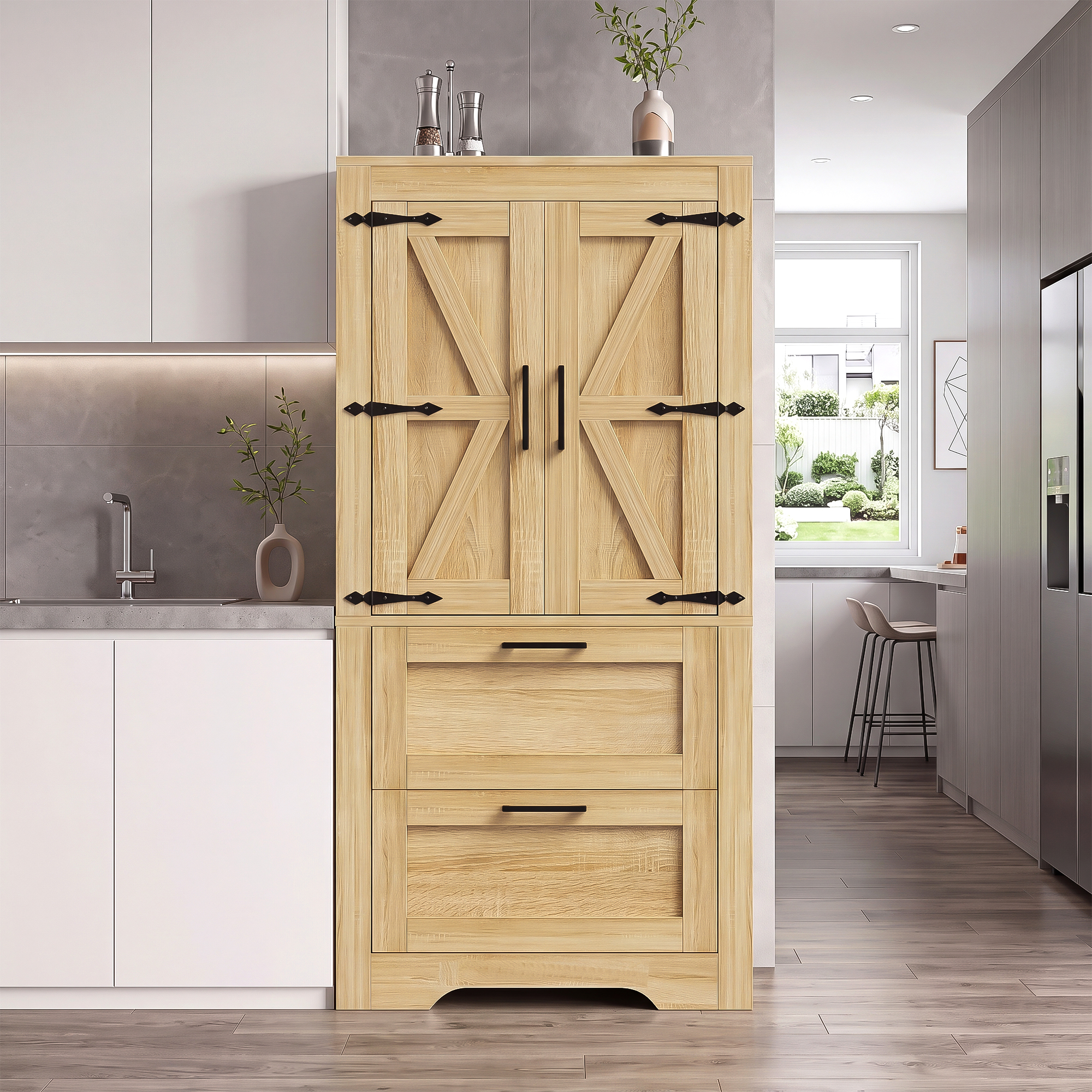 Redom -meuble De Cuisine - 60 X 30 X 128 Cm - Doté De Deux Tiroirs Et D'Étagères Réglables - Design Façon Porte De Grange - Finition En Bois Naturel