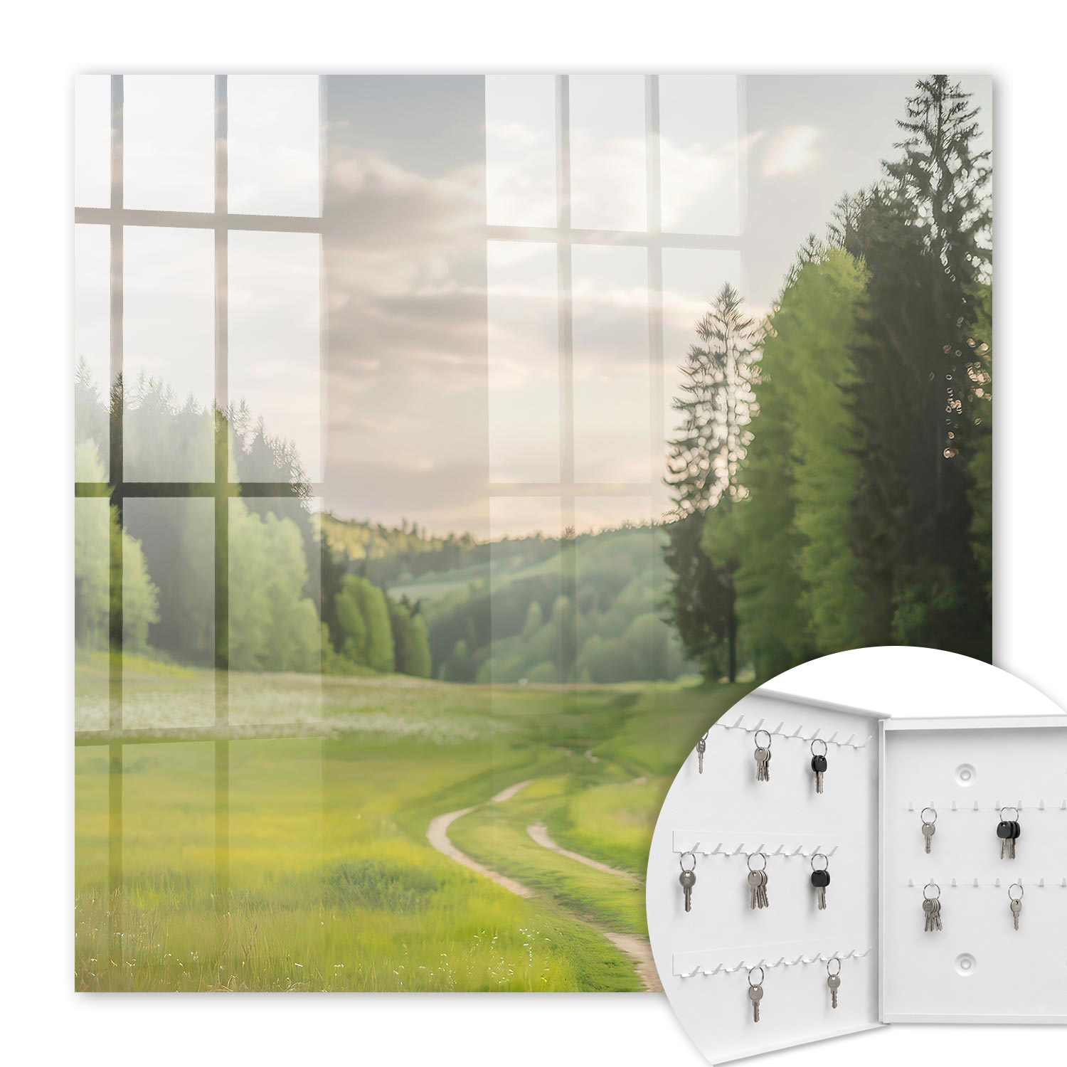 Armoire À Clés - (30 Cm X 30 Cm) - Boîte À Clés Murale - Coffret De Rangement Pour Clés - Couleur Blanche - Ouverture Vers La Gauche - Pour Maison Et Bureau - Paysage Idyllique