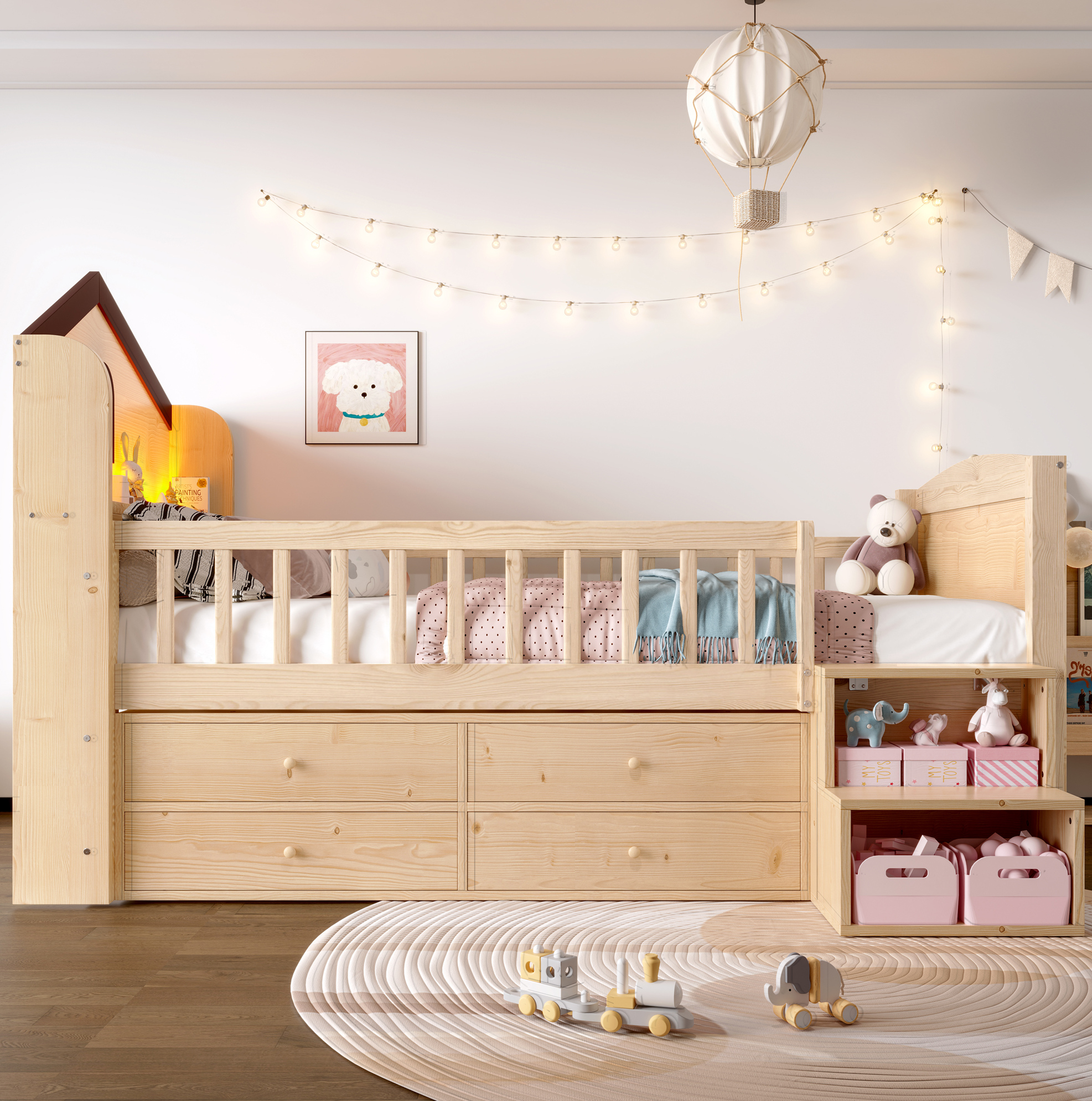 Lit Mi-hauteur Enfant 90x200 Cm Forme Maison Avec Fenêtre, 4 Tiroirs, Led, Blanc/naturel