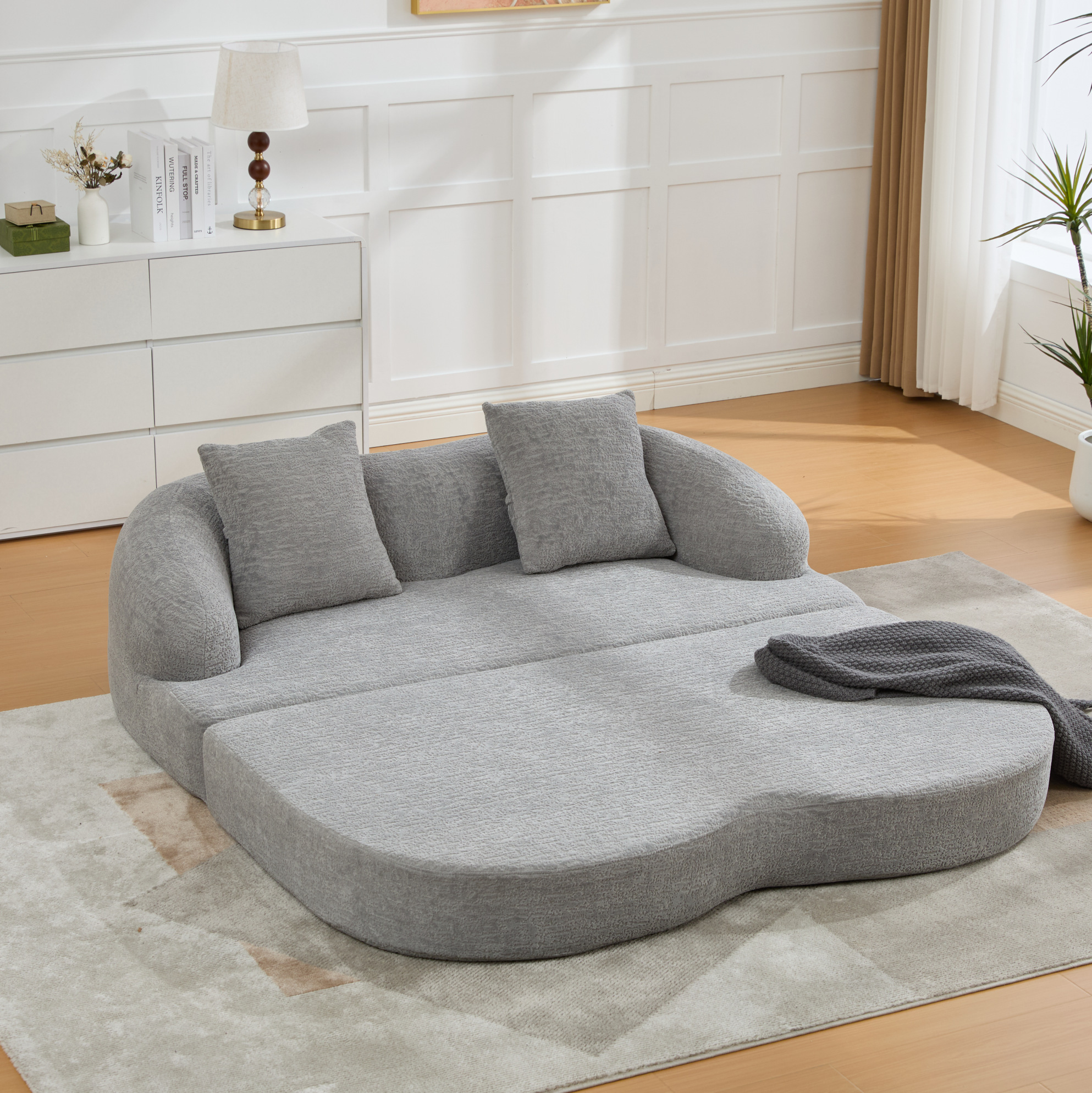 Canapé-lit 2 Places Convertible, 2 Coussins, Chenille Gris Clair, 157 X 84 X 65 Cm, Redom
