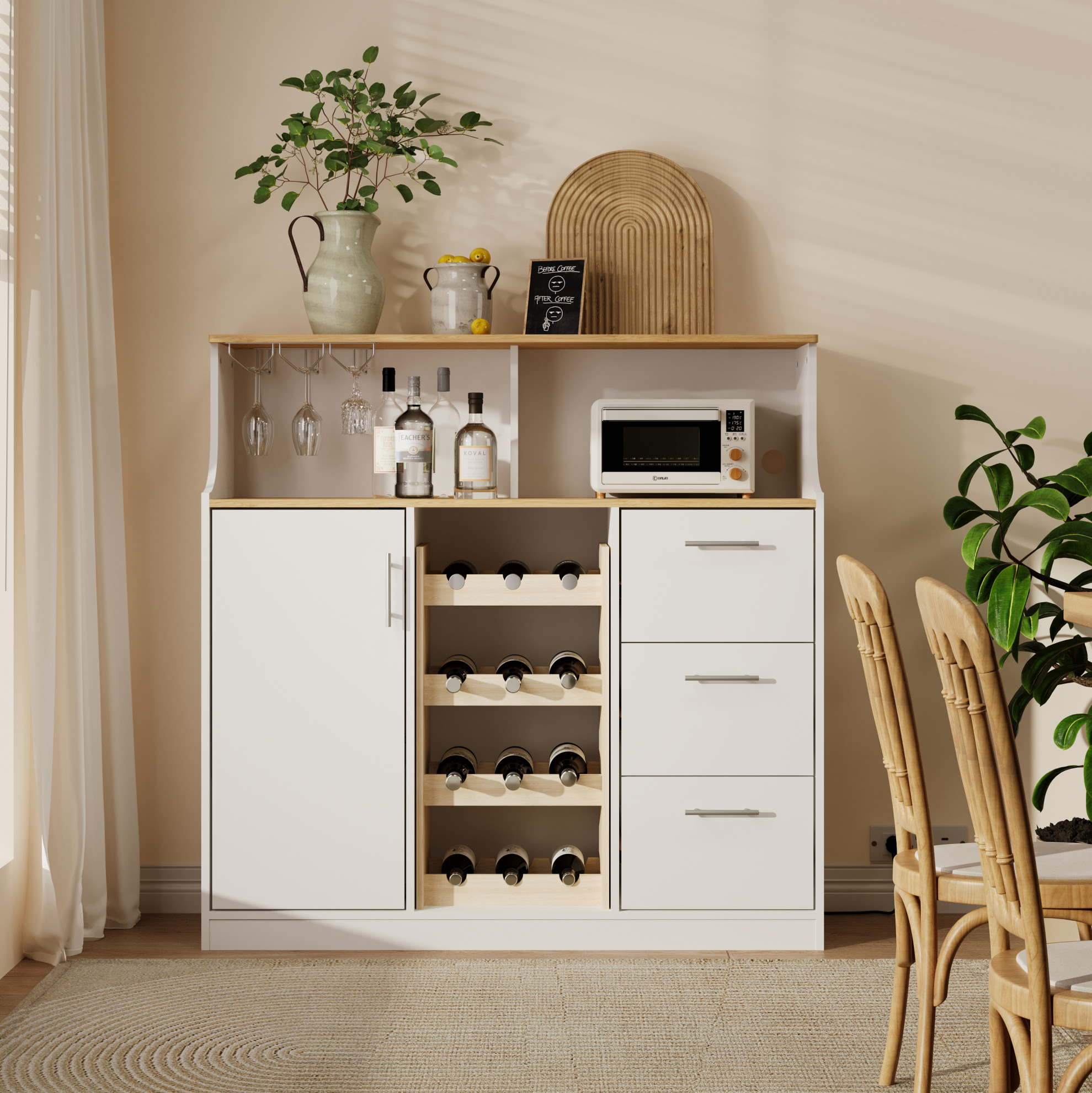Aparador Con Botellero Y Portavasos, 120x40x121 Cm, Con Enchufe Y Led, Mdf, Blanco Y Natural