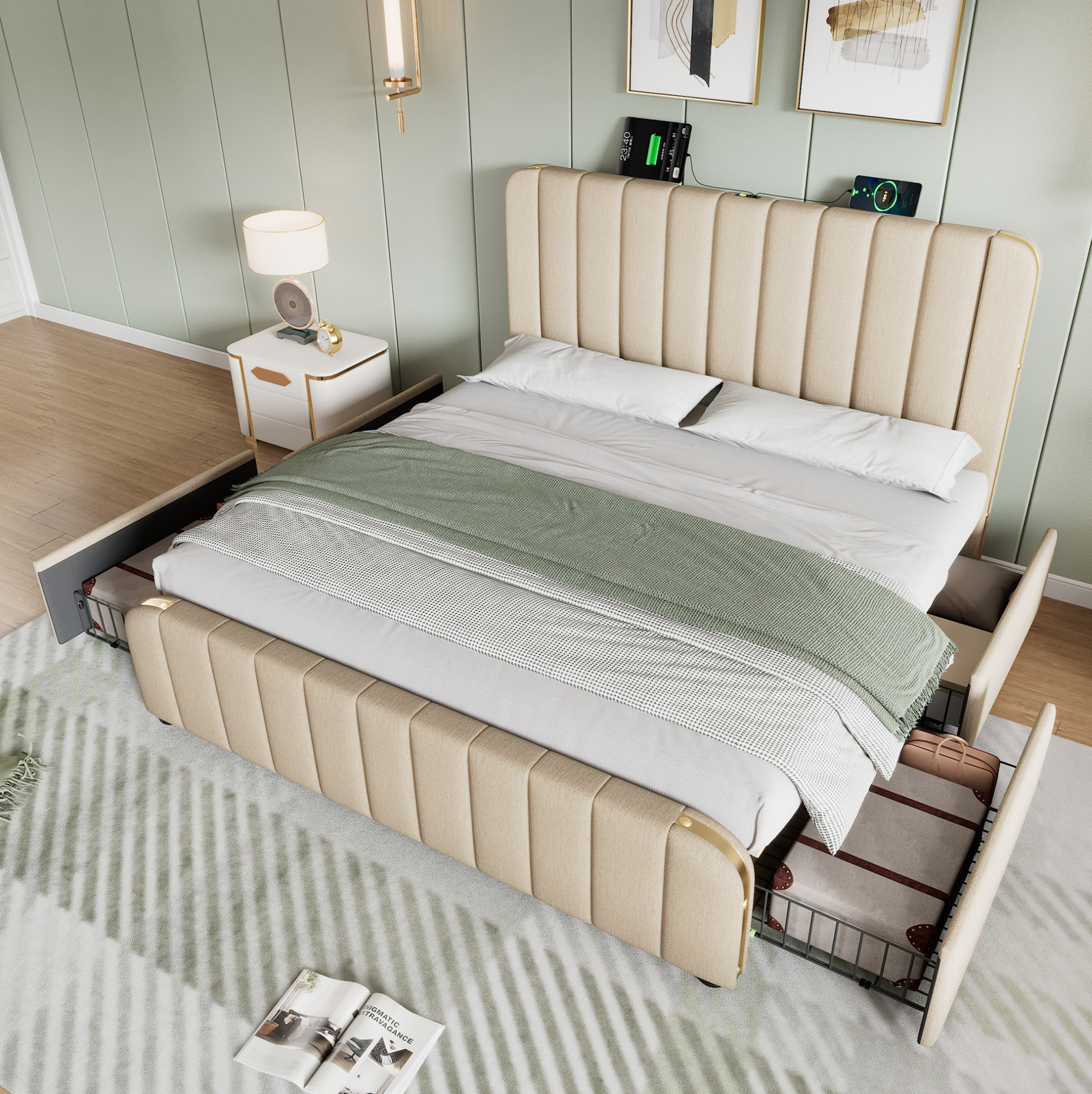 Lit Double Rembourré 140 X 190 Cm En Lin Beige Avec 4 Tiroirs, Usb-c, Tête De Lit