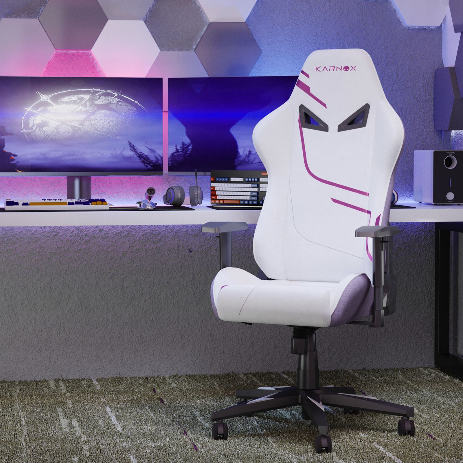 Chaise Gaming Ergonomique En Tissu, Dossier Haut, Hauteur Réglable, Blanc Et Violet