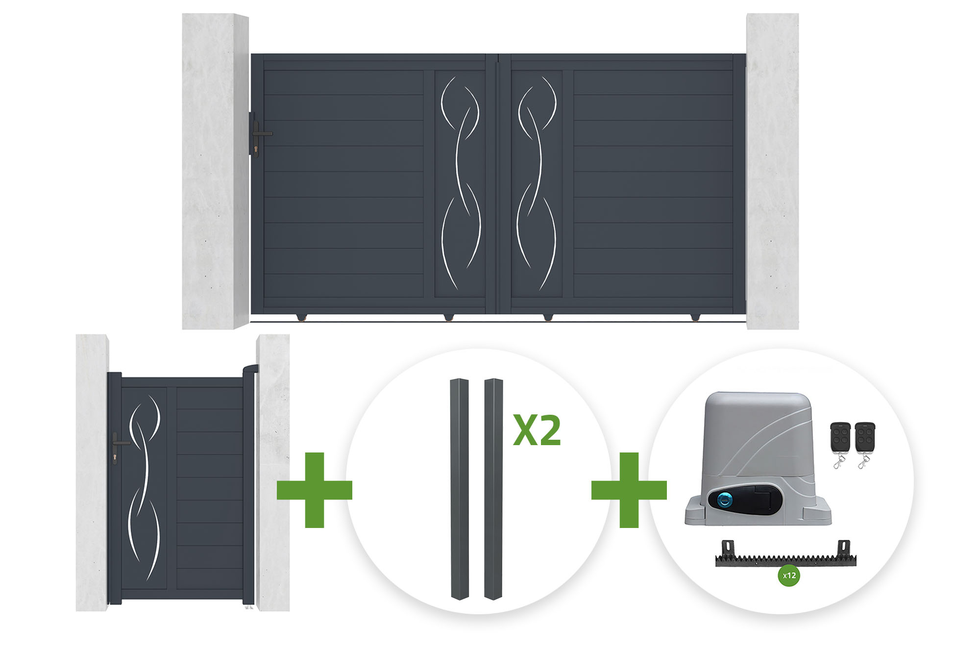Portail Coulissant 3m Life H.160cm Gris + Portillon 1m Life H.160cm Gris + 4 Poteaux Elda + Motorisation Ranger C300