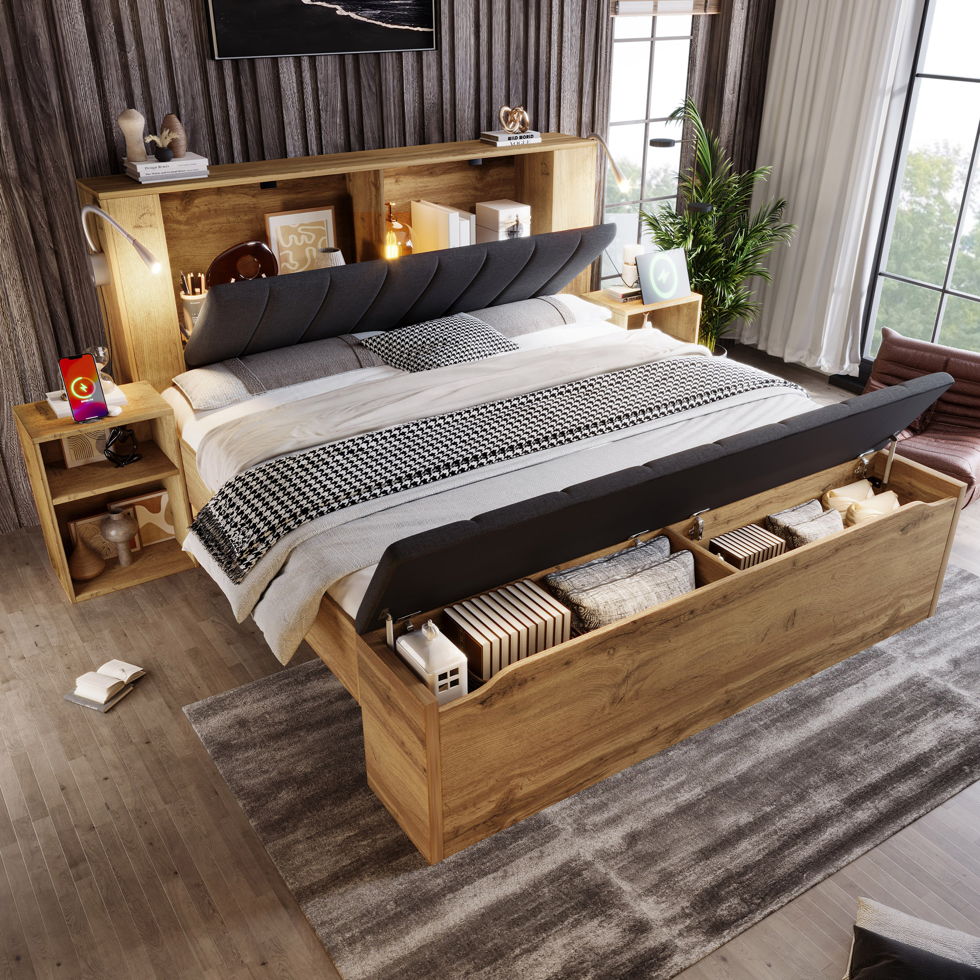 Redom Lit Double 180x200 Cm Avec Lampes De Lecture Usb, Cadre En Métal Et Mdf, Finition Chêne (sans Matelas)