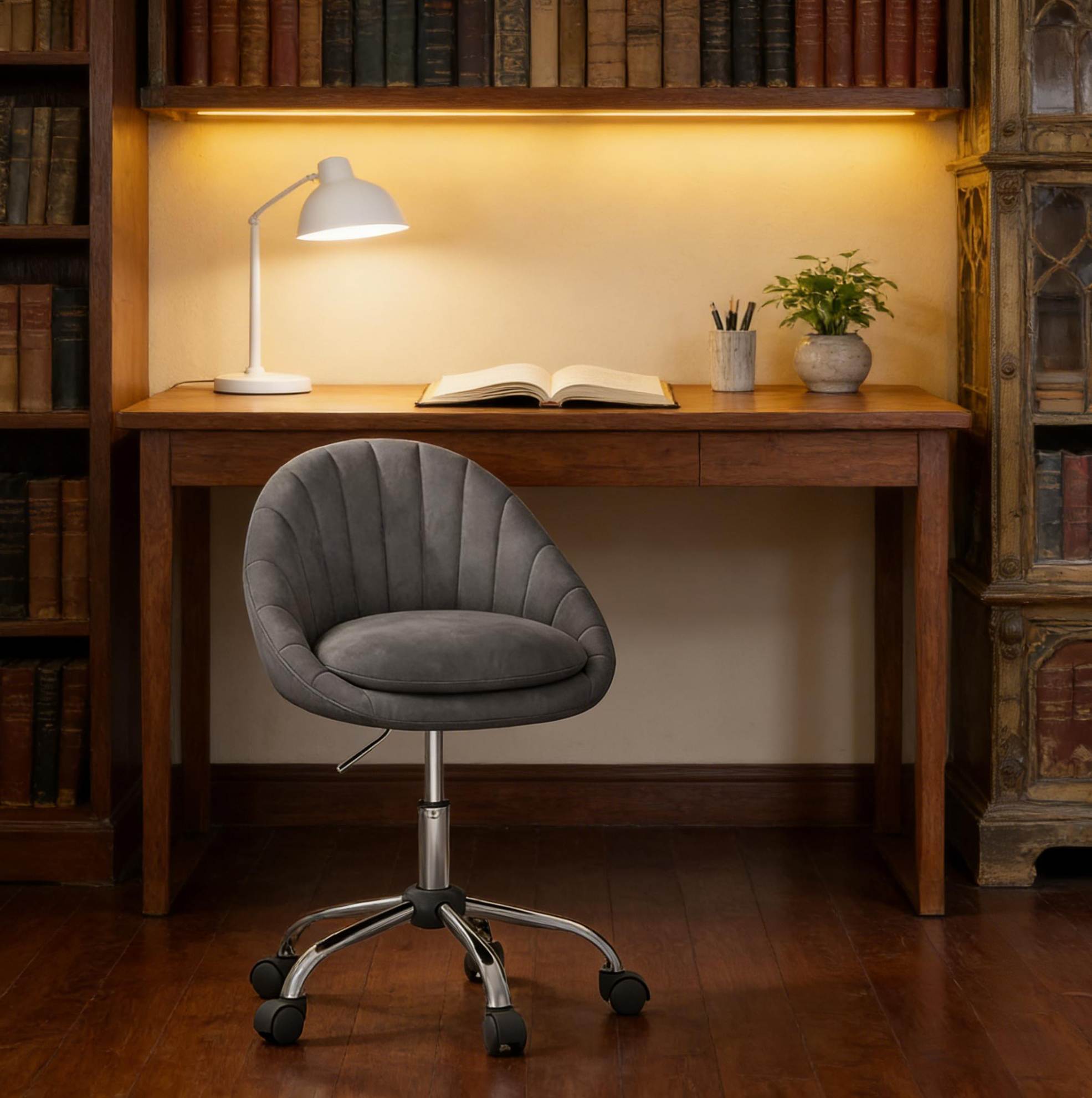 Chaise De Bureau Pivotante Réglable En Velours Gris Foncé Avec Roulettes, Métal
