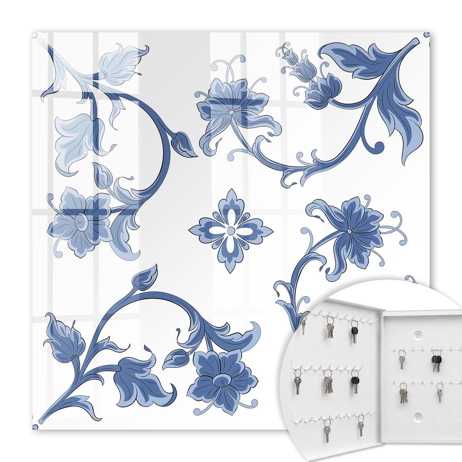 Armoire À Clés - (30 Cm X 30 Cm) - Boîte À Clés Murale - Coffret De Rangement Pour Clés - Couleur Blanche - Ouverture Vers La Gauche - Pour Maison Et Bureau - Motifs Floraux