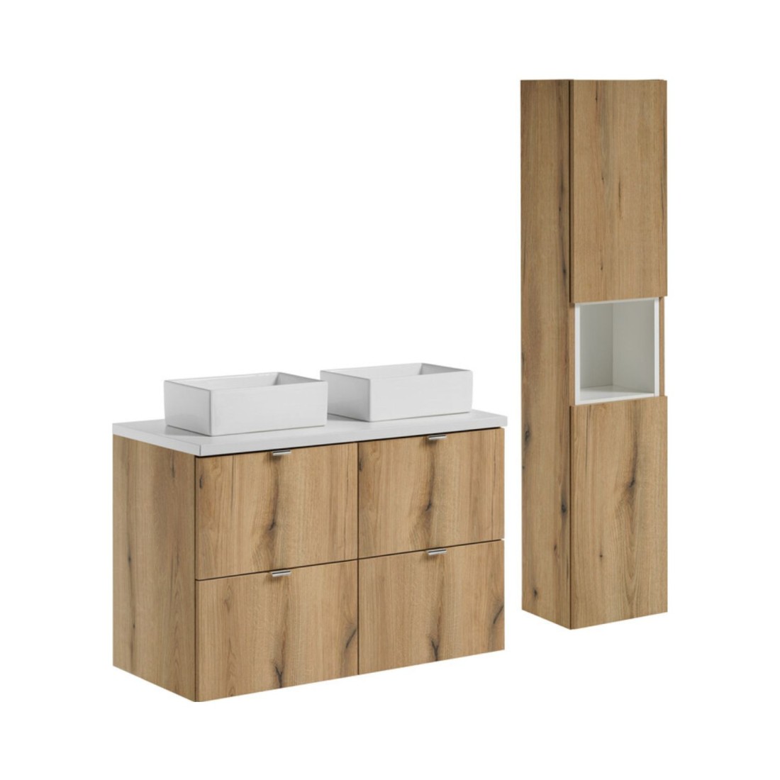 Ensemble Vano Chêne Et Blanc 130cm: Meubles Sous Vasque À Tiroirs + Plan Pour Vasque + Vasques À Poser Rectangulaires + Colonne
