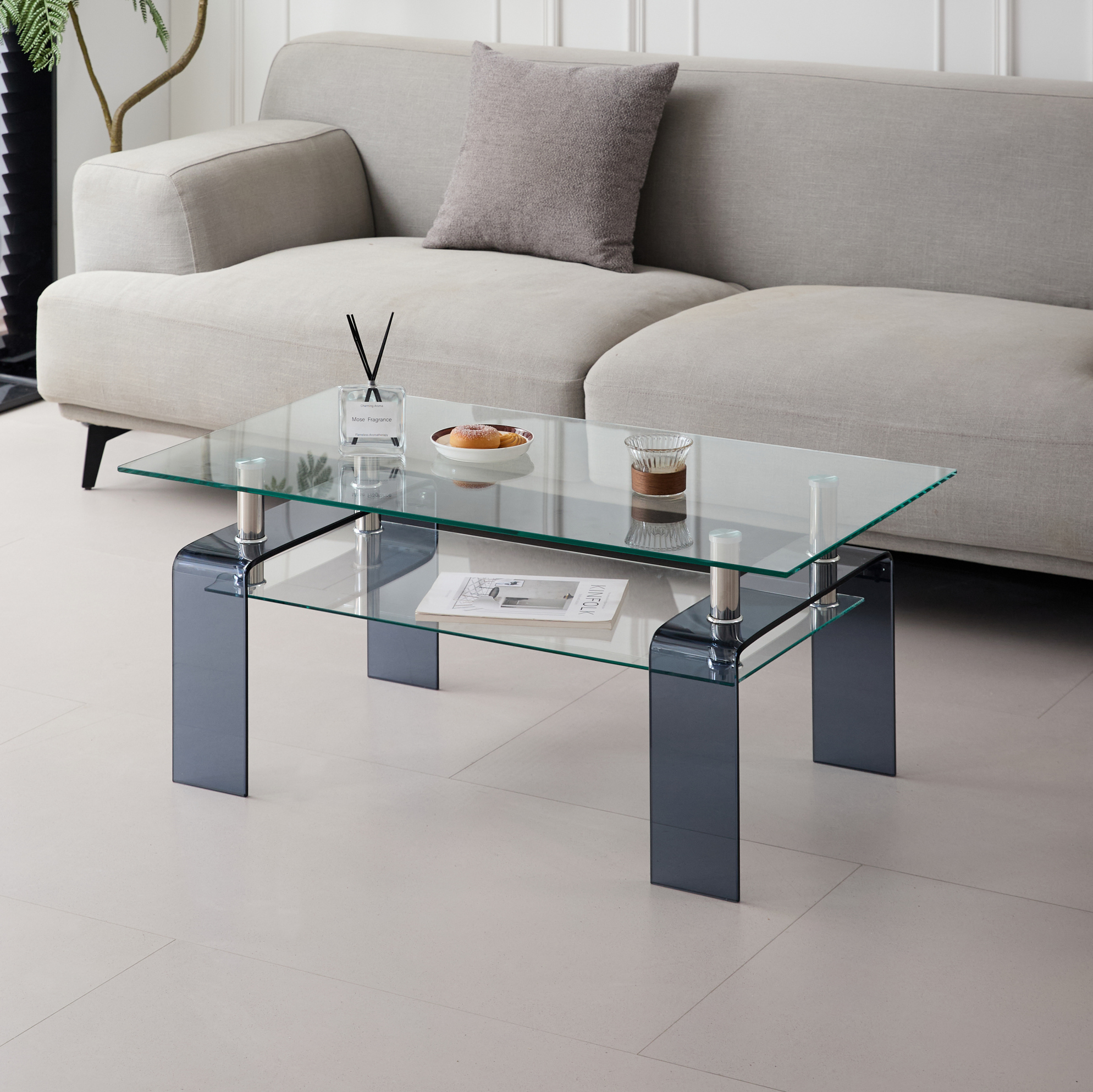 Table Basse En Verre Trempé Transparent 100 X 55 X 45 Cm Avec Pied En Verre Gris