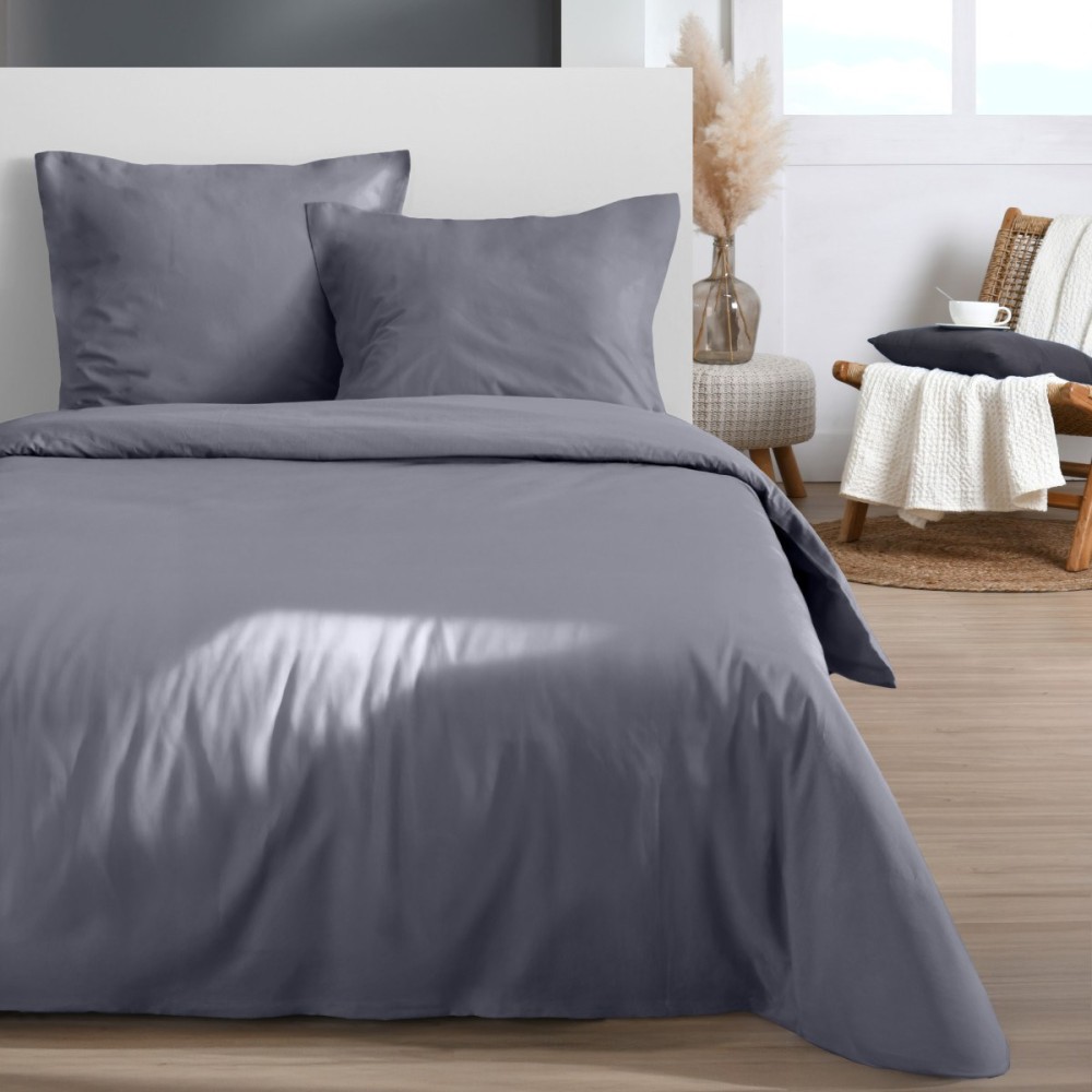 Housse De Couette 240x220 Coloris Ardoise + 2 Taies 100% Microfibre