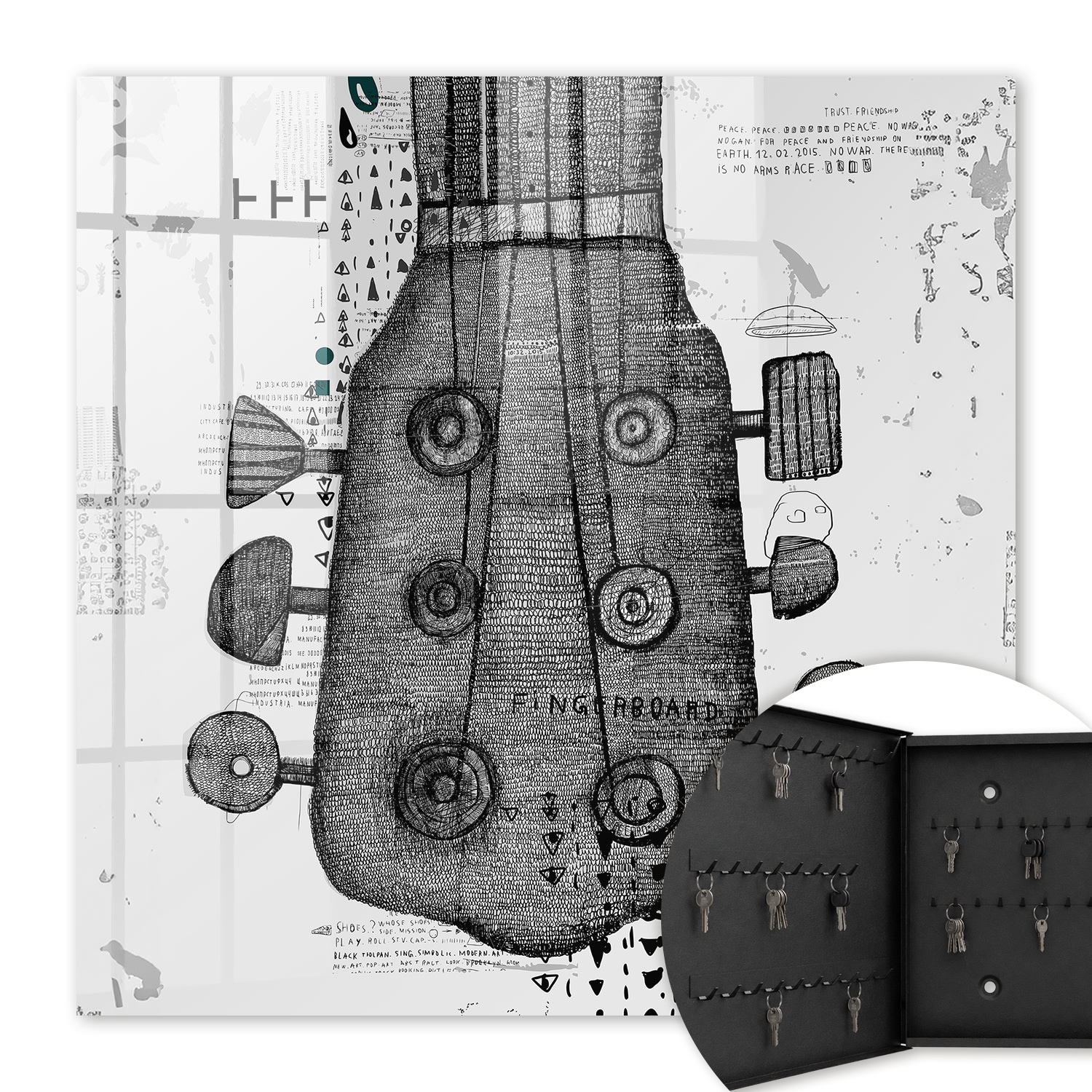 Armoire À Clés - (30 Cm X 30 Cm) - Boîte À Clés Murale - Coffret De Rangement Pour Clés - Couleur Noire - Ouverture Vers La Gauche - Pour Maison Et Bureau - Illustration De Guitare