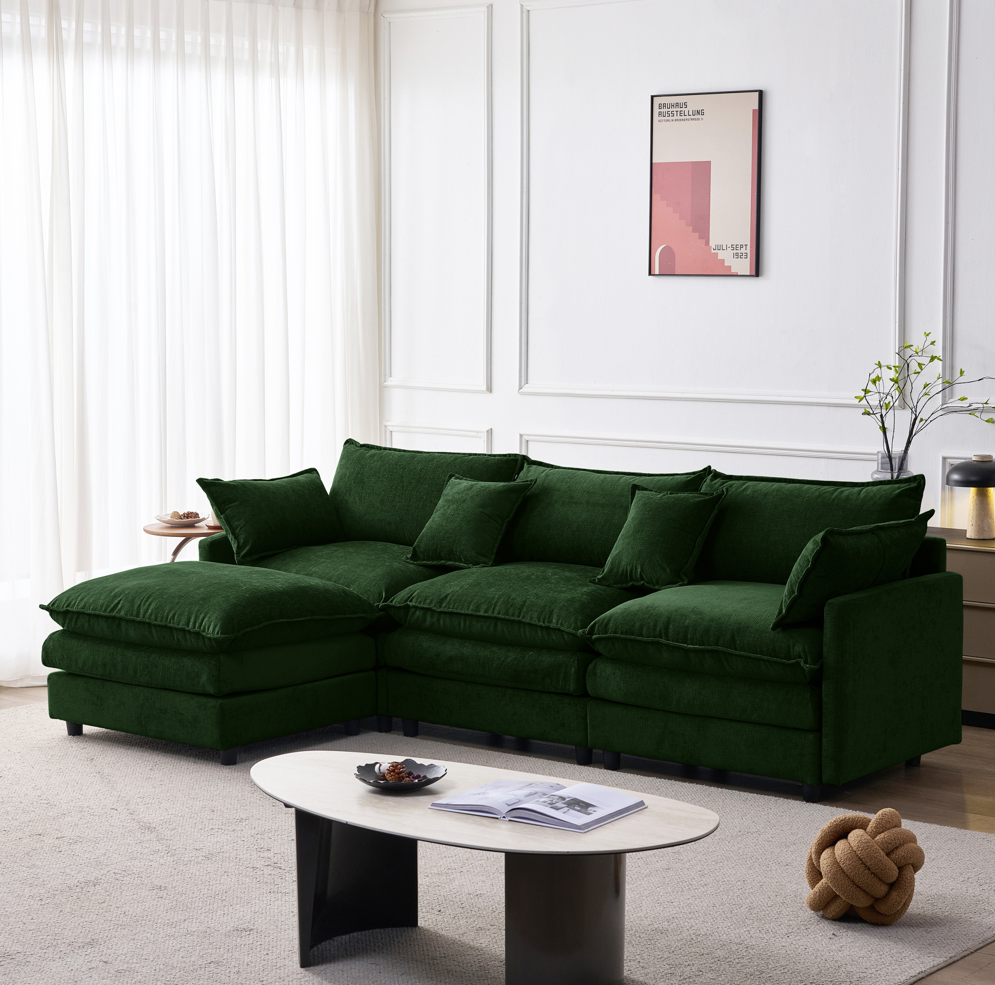 Canapé D'Angle Modulaire 3 Places Avec Pouf Mobile, En Chenille Verte