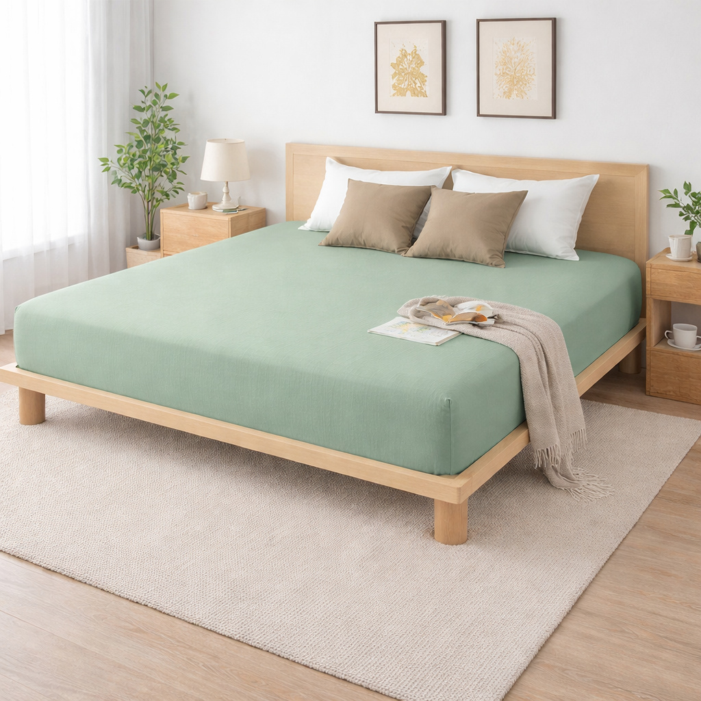 Drap-housse 160 X 200 Cm Sienna Sauge - Gaze De Coton & Coton 57 Fils - Bonnet 30 Cm