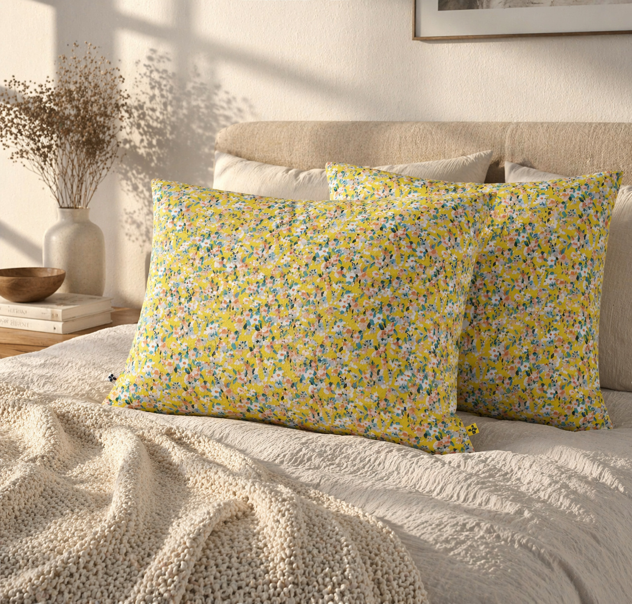 Taie D'oreiller 60 X 60 Cm - Gaze De Coton Imprimée - Manon Jaune Multicolore