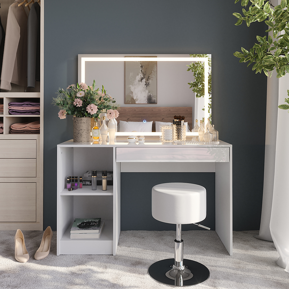 Coiffeuse Sherry, Blanc/blanc Haute Brillance, 119.8cm Avec Miroir Led Et Tabouret, Vicco