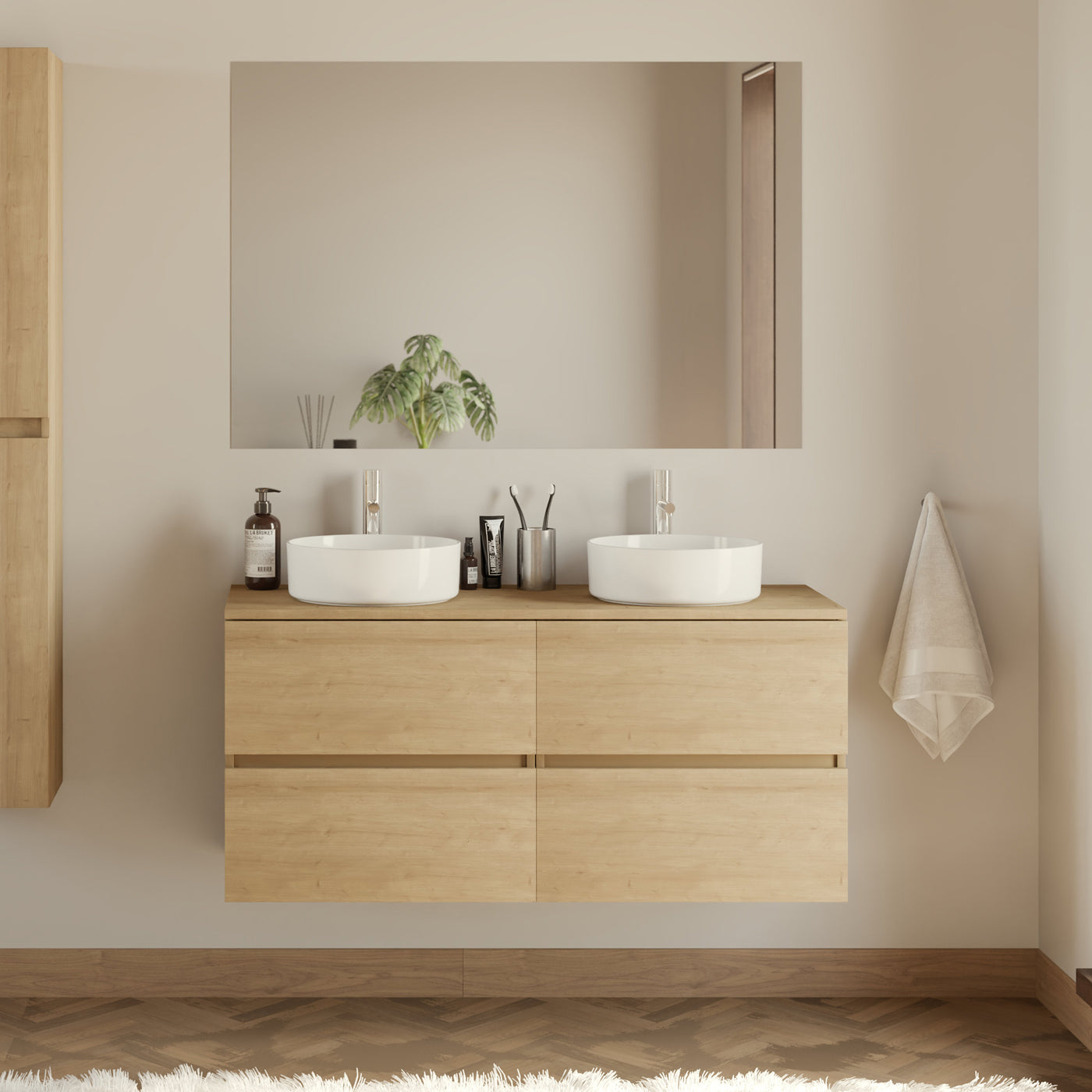 Meuble De Salle De Bain 120cm Avec Plateau Et 2 Vasques À Poser Rondes - 4 Tiroirs - Nebraska (chêne Clair) - Ida