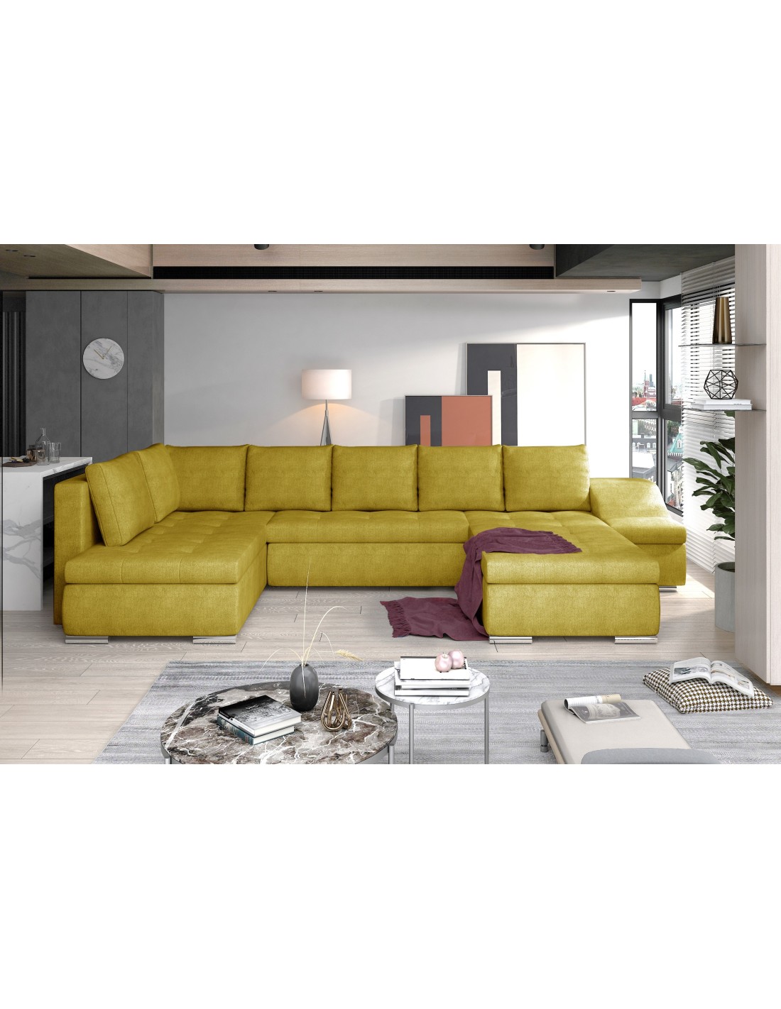 Canapé Panoramique Gyovani Jaune Chiné Angle Droit Convertible Mousse T30