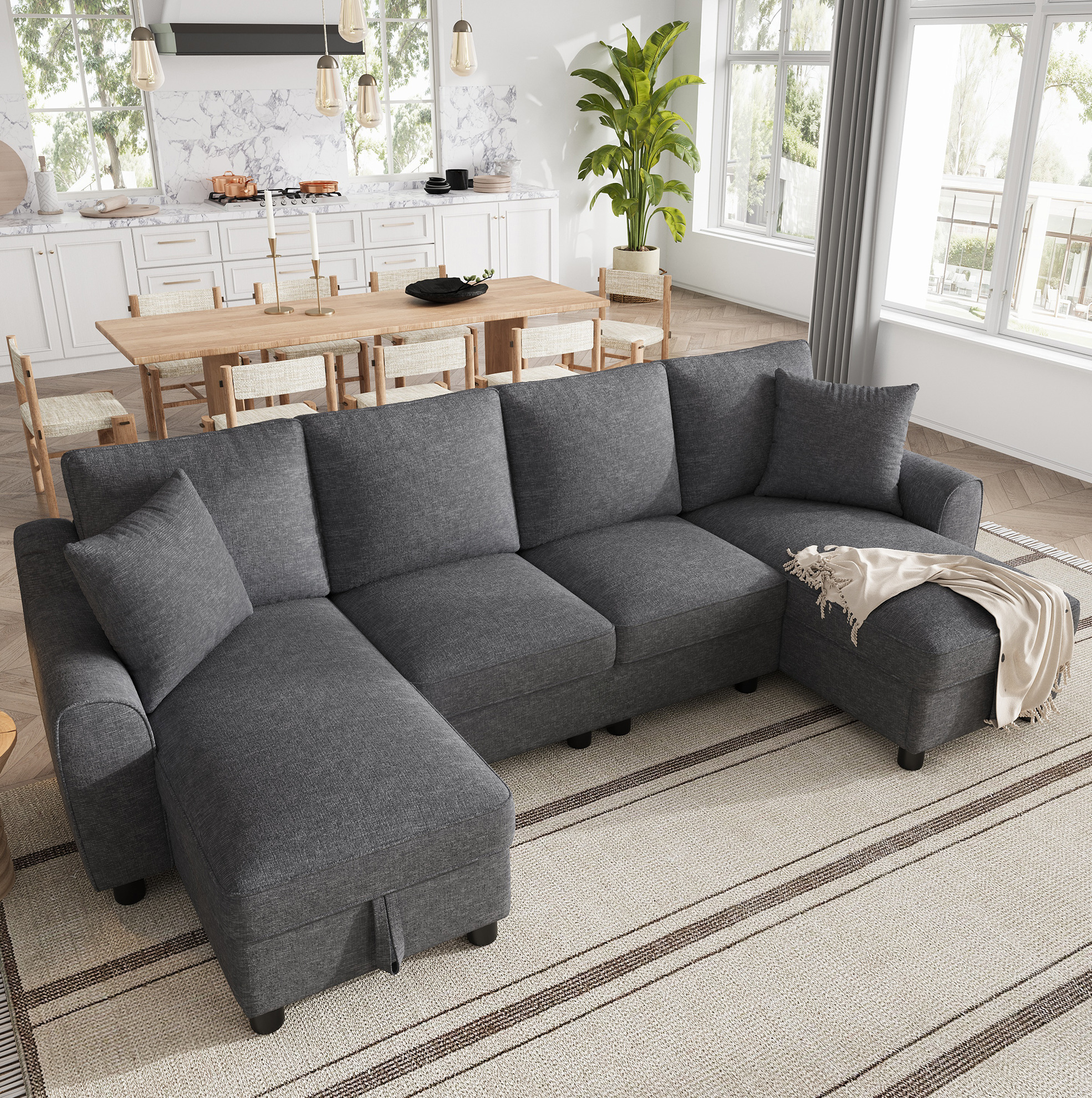 Canapé D'Angle U En Chenille Gris, 2 Méridiennes Avec Rangement, 280 X 137 X 84 Cm
