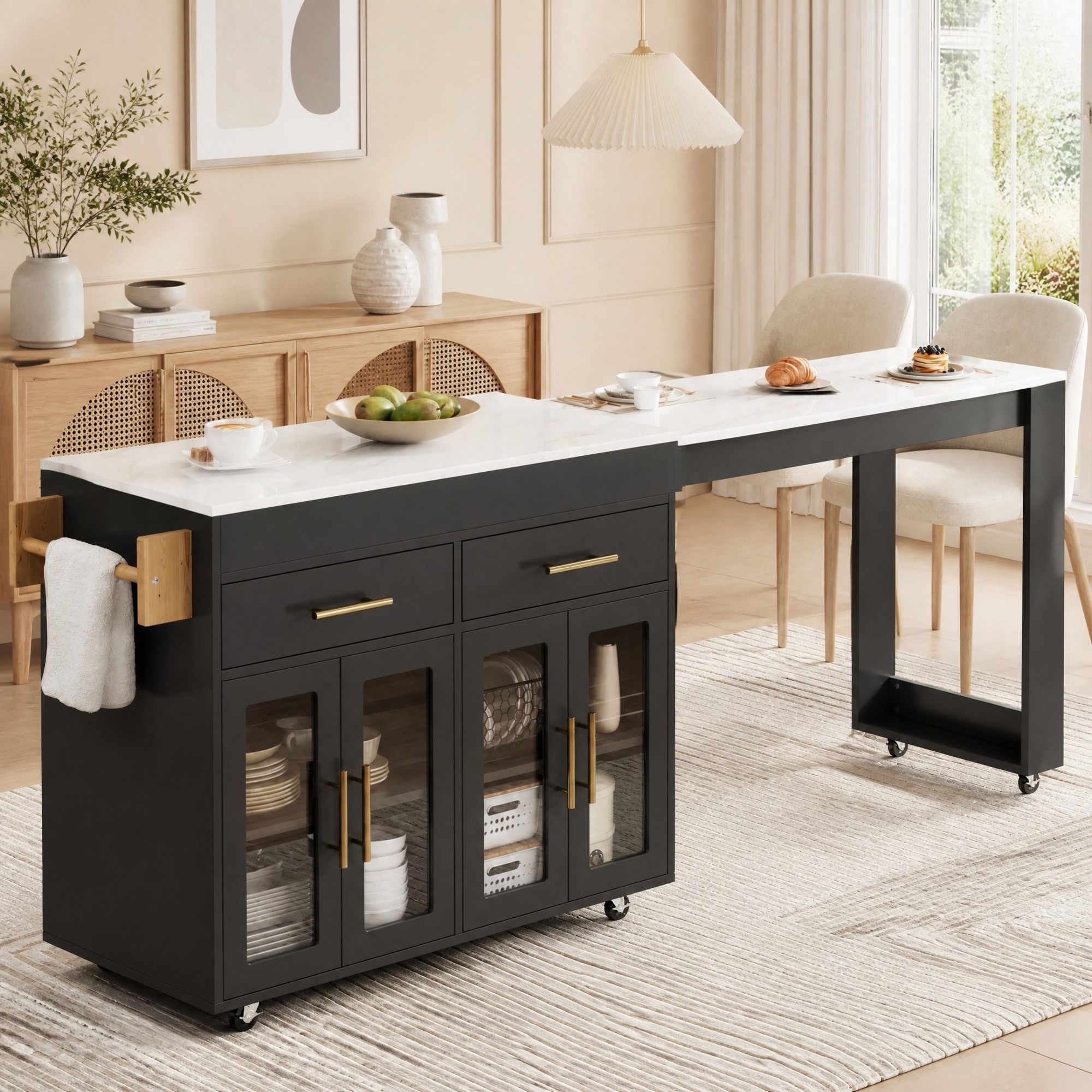 Îlot De Cuisine Mobile Extensible Avec Table Bar, Rangements, Portes Vitrées, Noir, 132,5-217 Cm