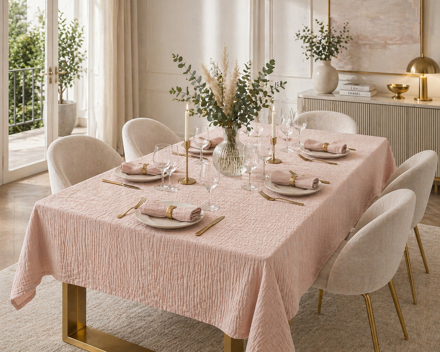 Nappe Rectangle 150 X 350 Cm + 6 Serviettes De Table - Double Gaze De Coton Gaïa Guimauve