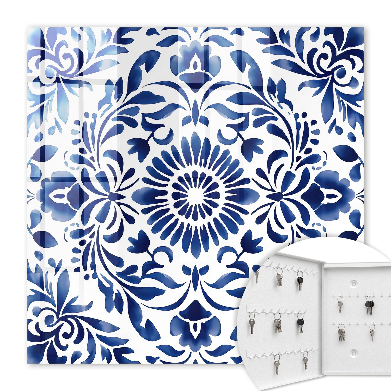Armoire À Clés - (30 Cm X 30 Cm) - Boîte À Clés Murale - Coffret De Rangement Pour Clés - Couleur Blanche - Ouverture Vers La Gauche - Pour Maison Et Bureau - Ornement Floral