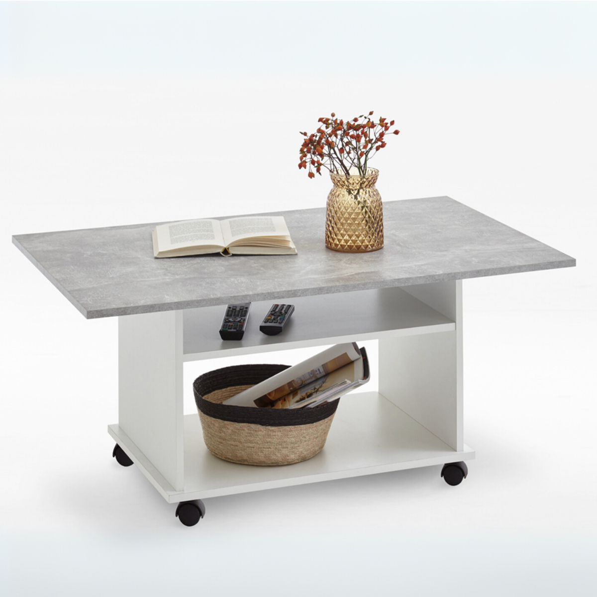 Fmd - Table Basse À Roulettes 100x60x44 Cm Gris Béton Et Blanc