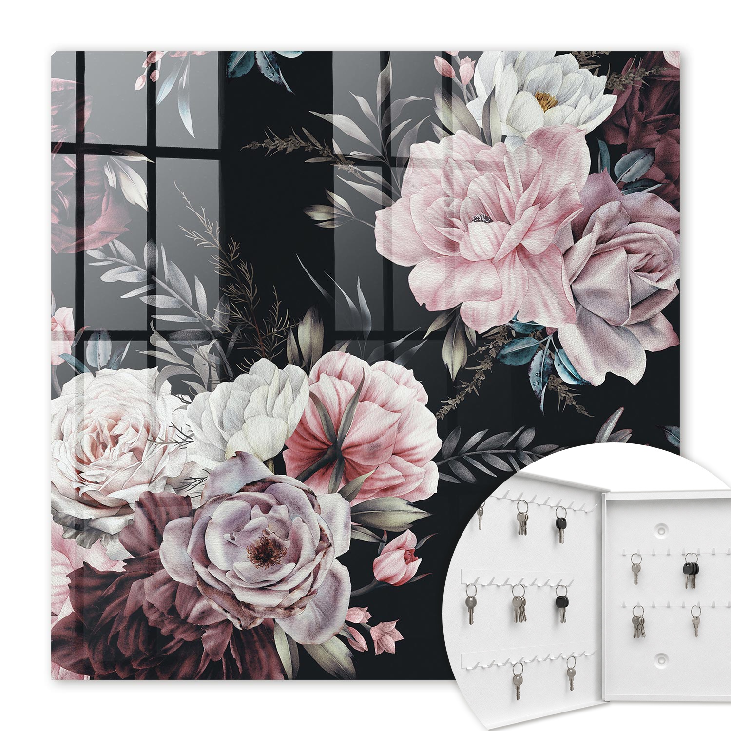 Armoire À Clés - (30 Cm X 30 Cm) - Boîte À Clés Murale - Coffret De Rangement Pour Clés - Couleur Blanche - Ouverture Vers La Gauche - Pour Maison Et Bureau - Charme Floral