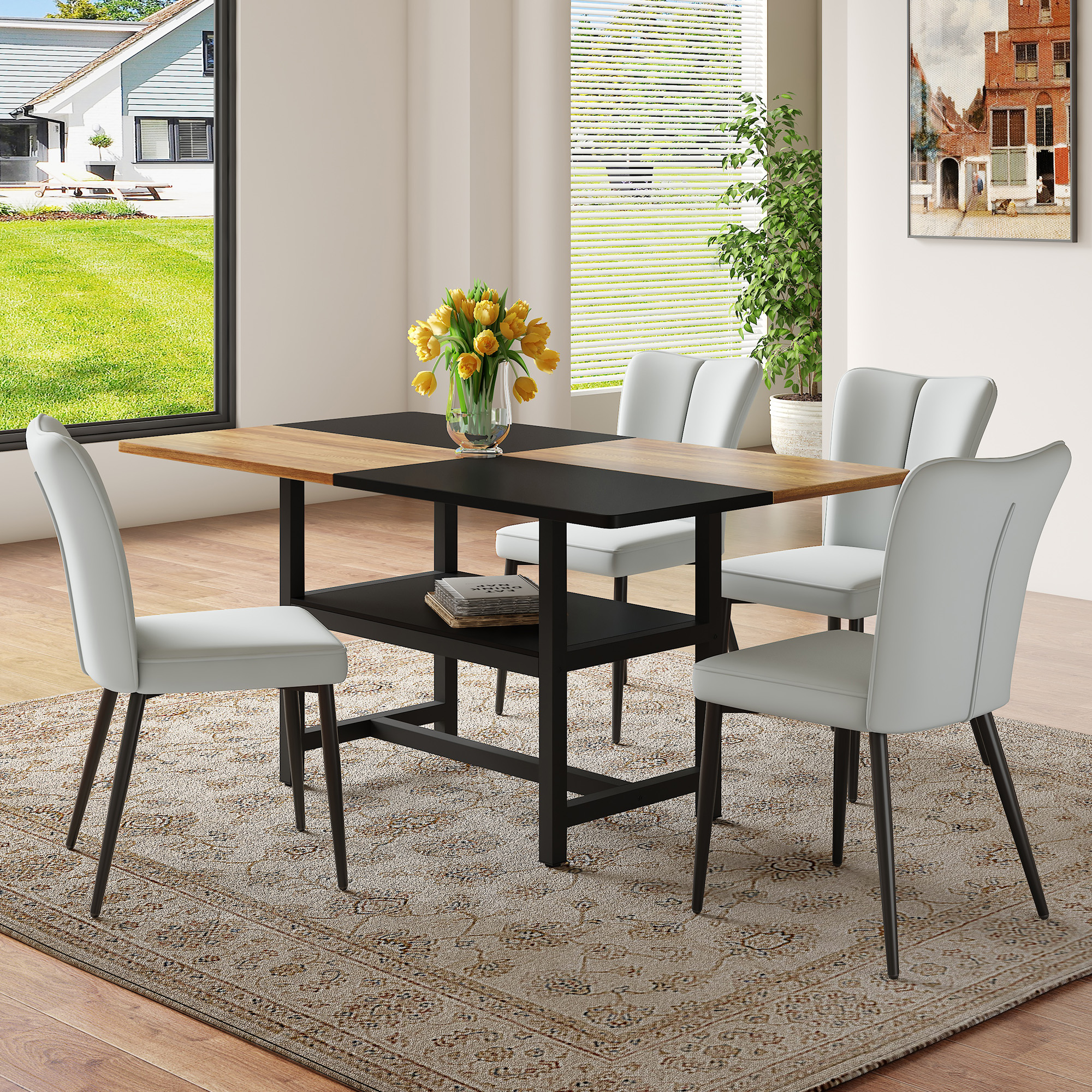 Redom Ensemble Table À Manger 160x90 Cm Avec 4 Chaises, Structure Robuste, Mdf Métal Et Pu, Marron Noir Et Gris Clair
