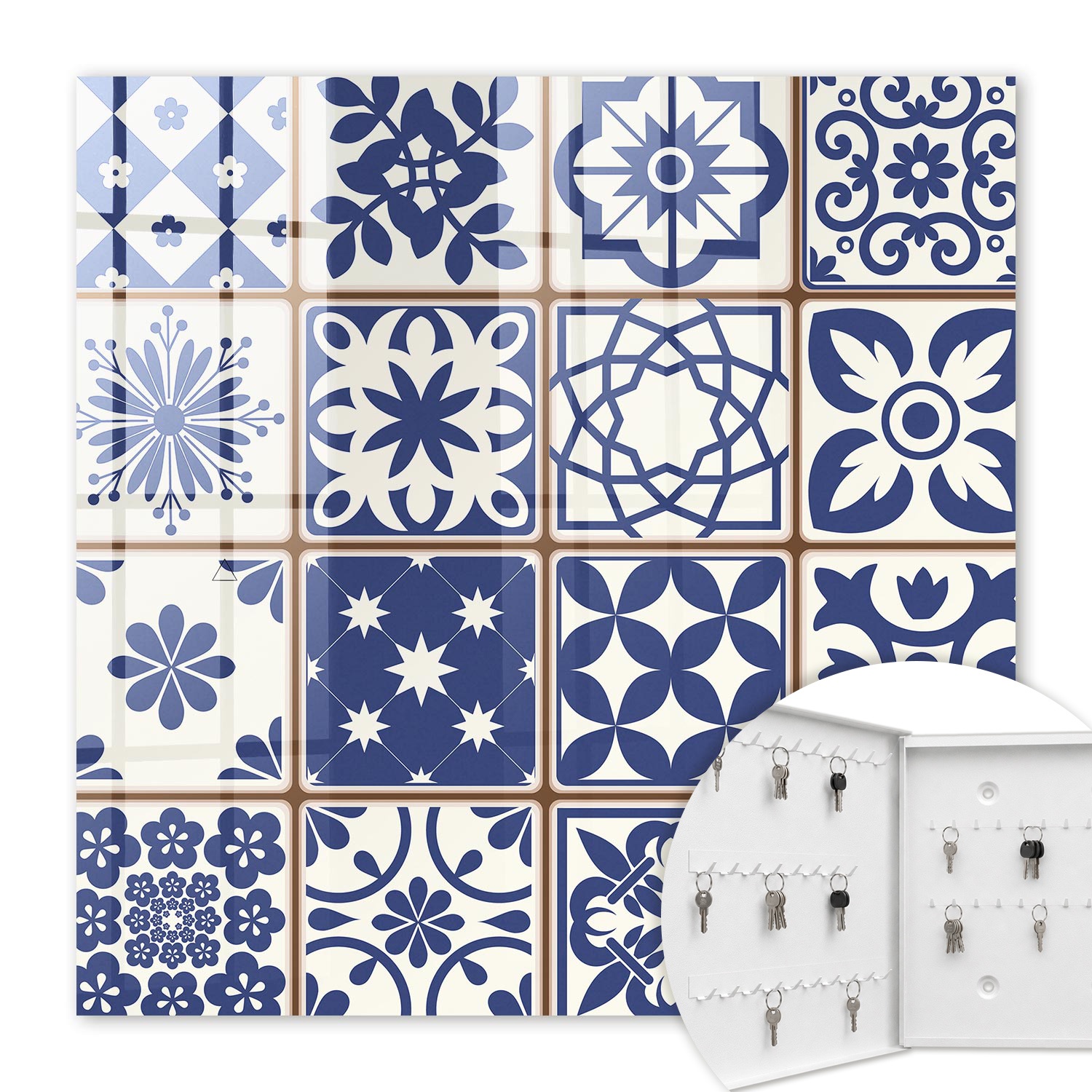 Armoire À Clés - (30 Cm X 30 Cm) - Boîte À Clés Murale - Coffret De Rangement Pour Clés - Couleur Blanche - Ouverture Vers La Gauche - Pour Maison Et Bureau - Mosaïque Rétro