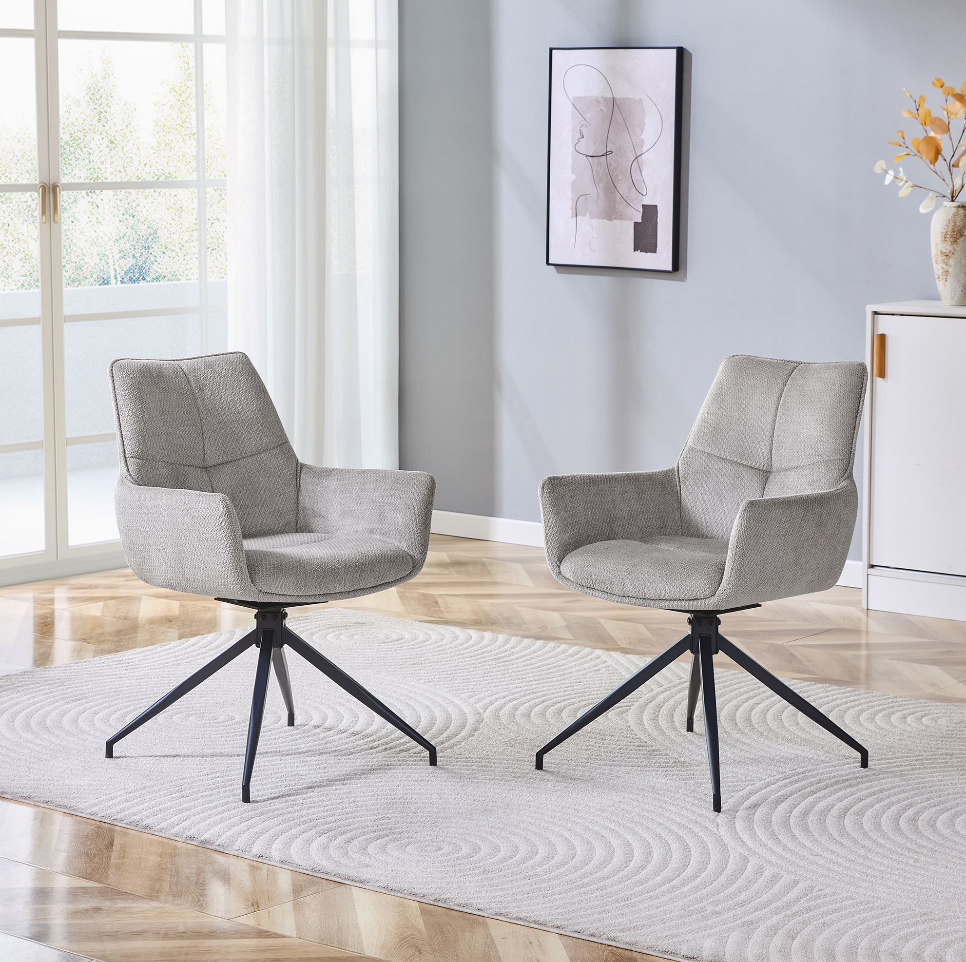 Redom - Lot De 2 Chaise De Salle À Manger Pivotante 360°, Accoudoirs Enveloppants, Coutures Décoratives, Tissu Gris, Métal Noir