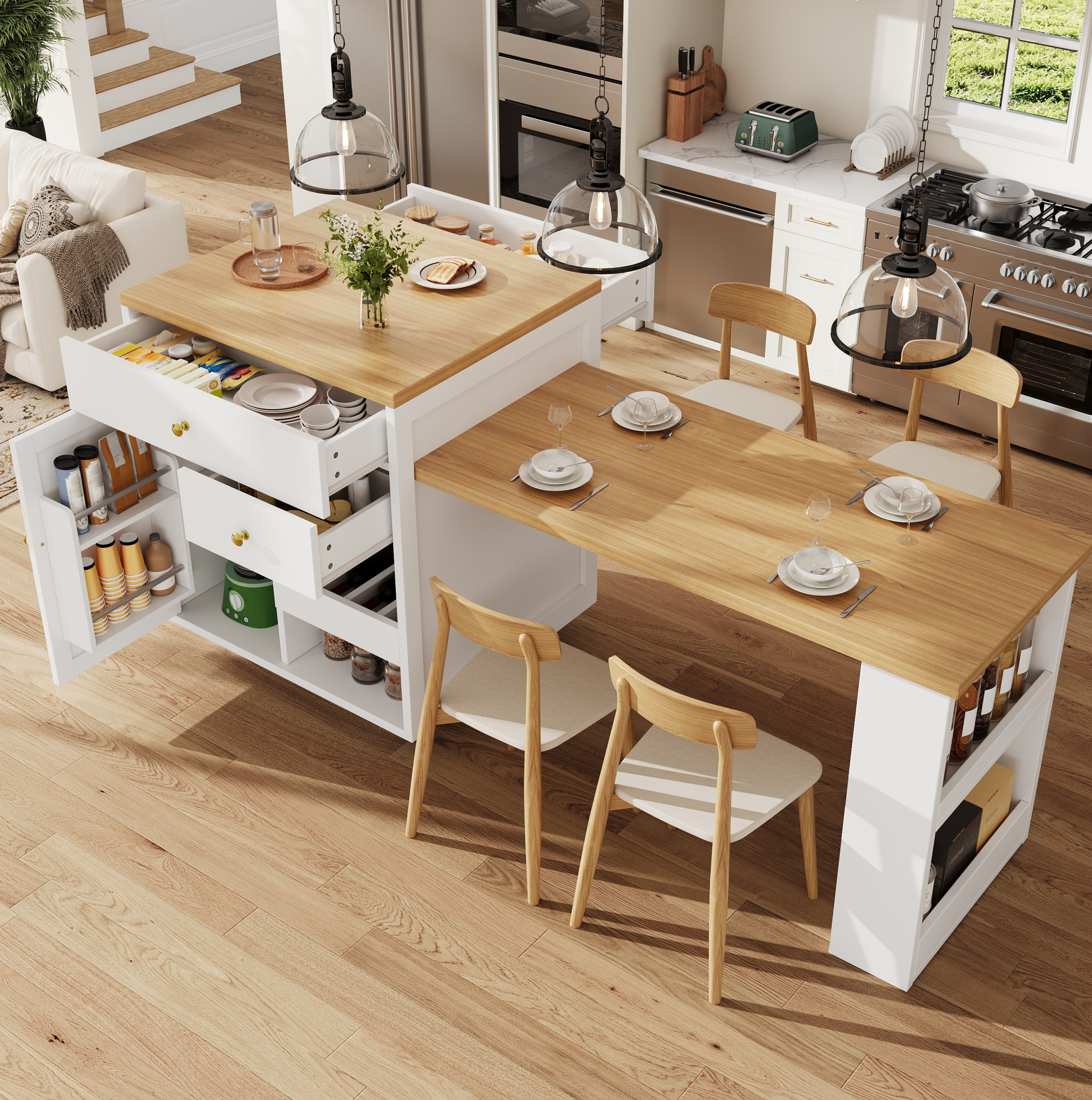 Îlot De Cuisine Extensible 122,5-195,5 Cm, Mdf Et Métal, Blanc/noir, 60 Kg, Redom