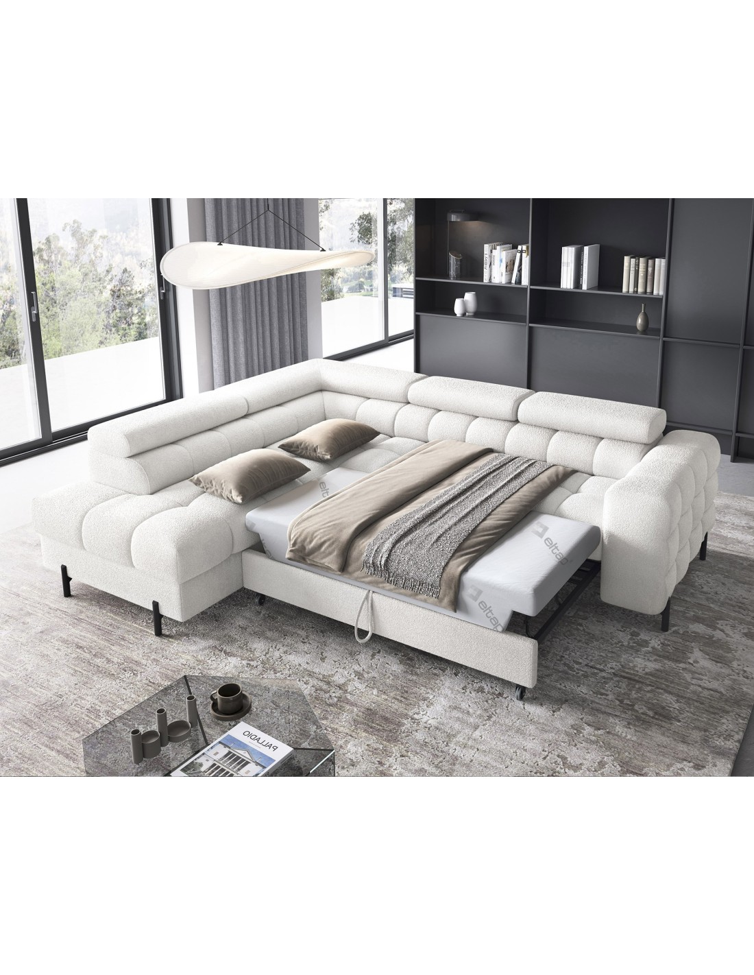 Canapé D'Angle Gauche Convertible Blanc Alpin 5 Places Ferrum Avec Couchage 276x93x200cm
