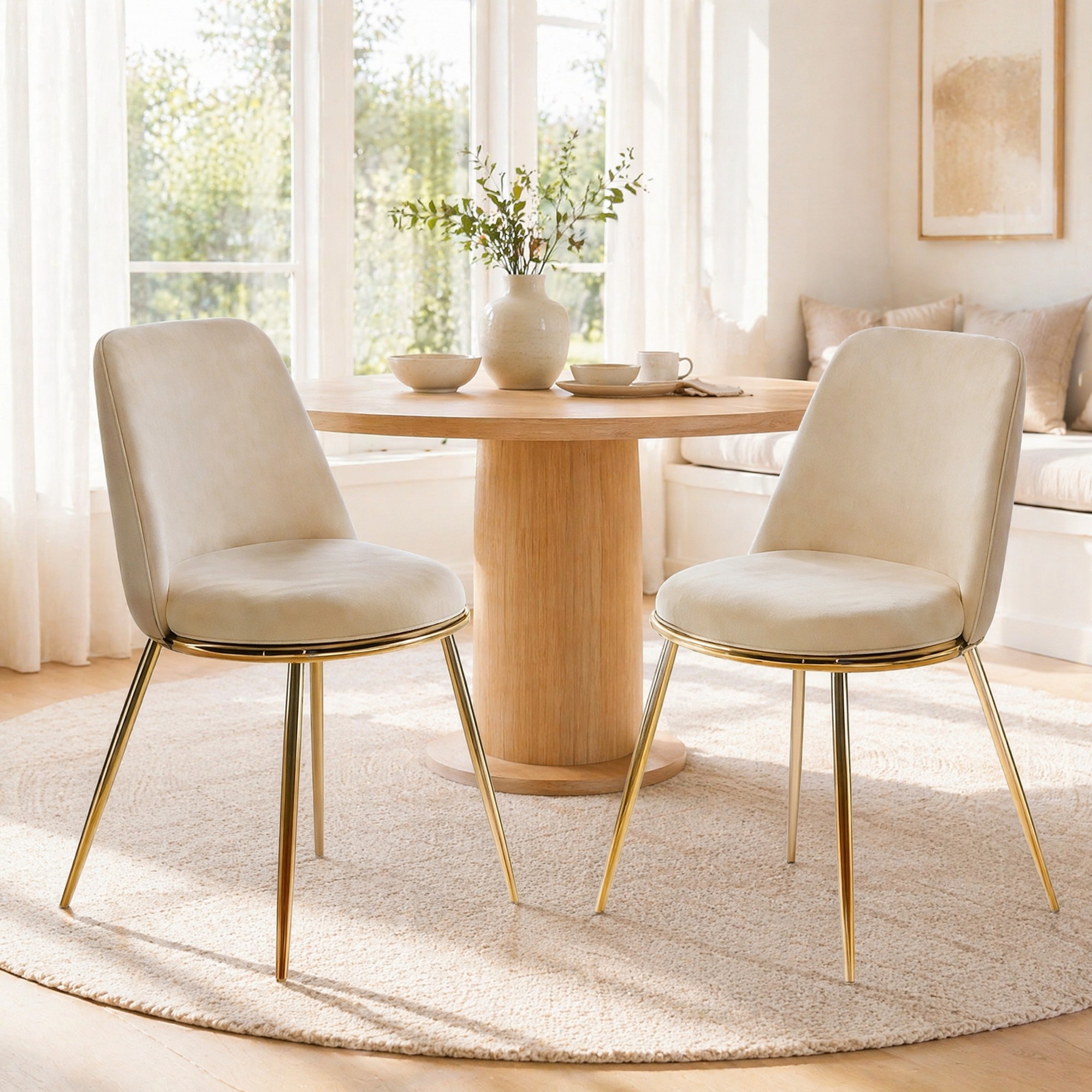 Lot De 2 Chaises De Salle À Manger Crème, Dossier Haut, Velours, Pieds En Métal Doré, Redom