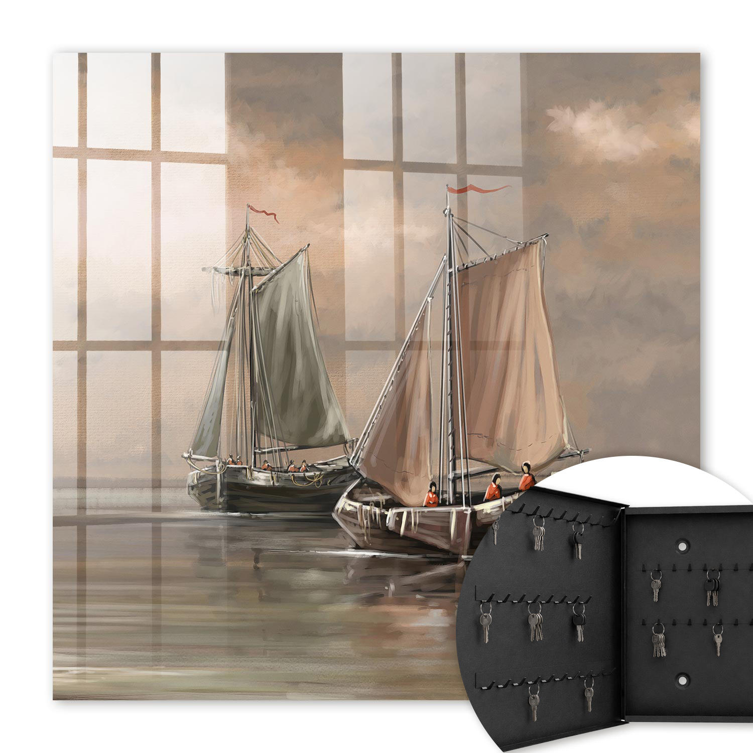 Armoire À Clés - (30 Cm X 30 Cm) - Boîte À Clés Murale - Coffret De Rangement Pour Clés - Couleur Noire - Ouverture Vers La Gauche - Pour Maison Et Bureau - Navires À Voile De Mer